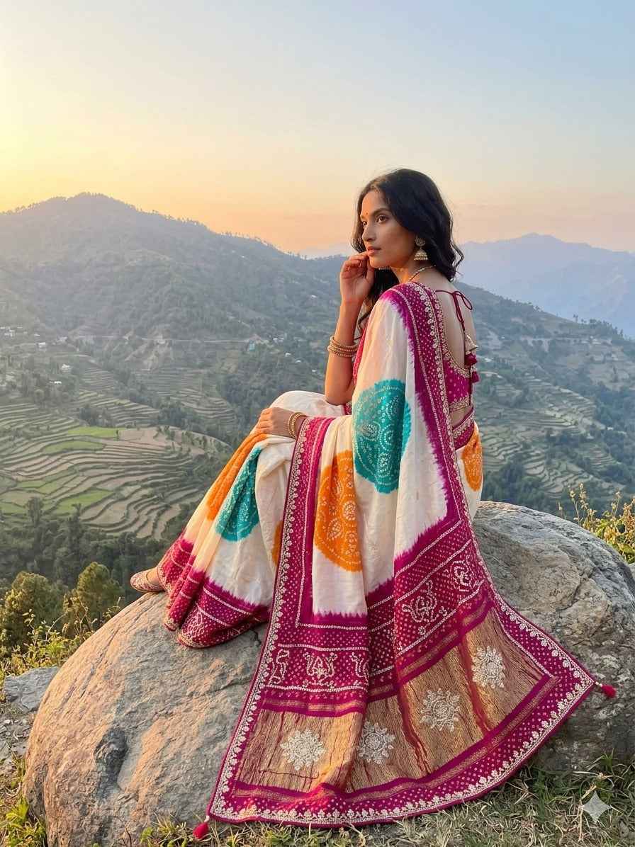 Multicolour Pure Soft Gaji Silk Original Bandhani With Langdi Gota Pati Work Bandhani Saree