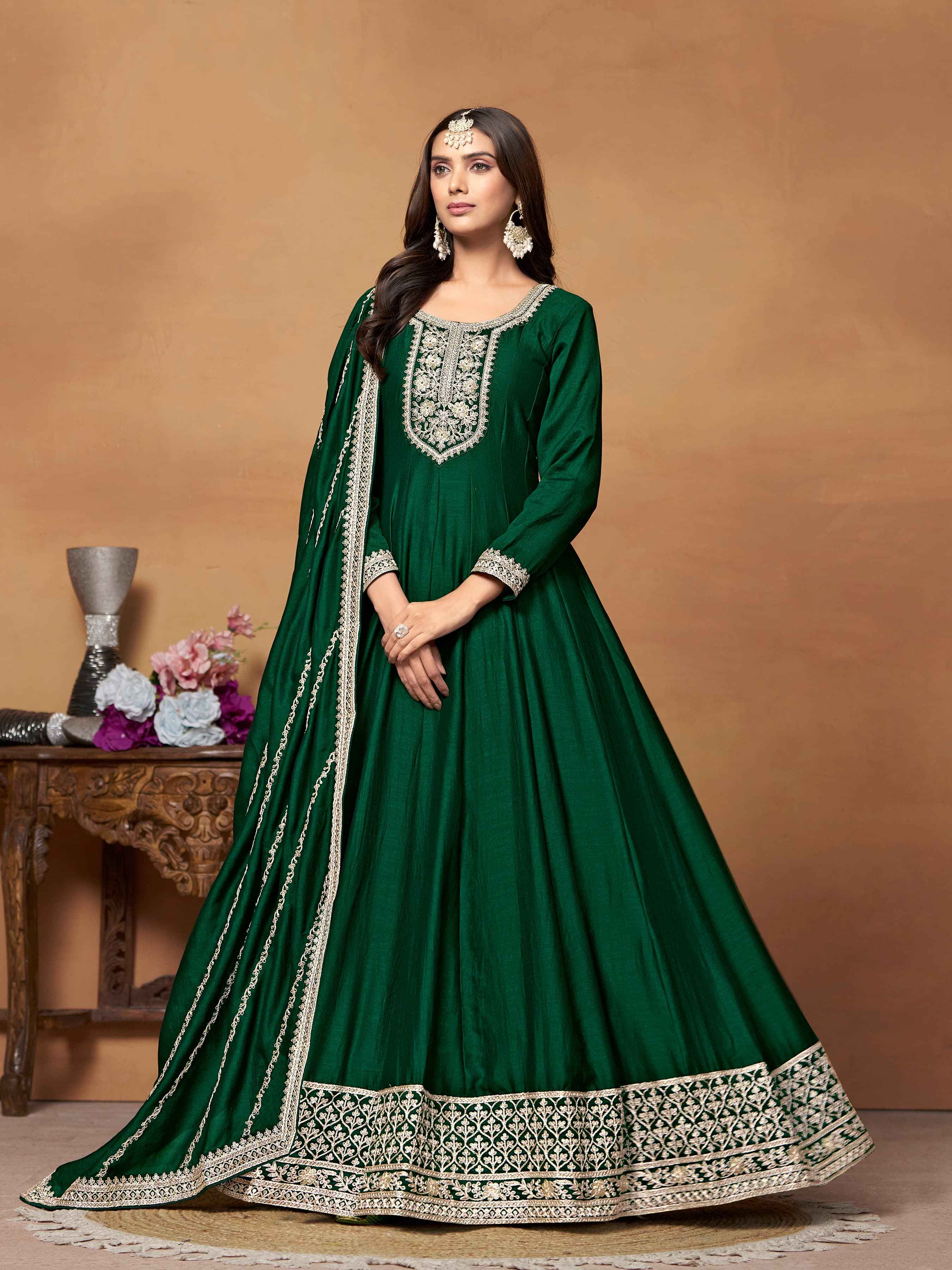 Emerald Green Art Silk Anarkali Gown Set with Heavy Embroidery