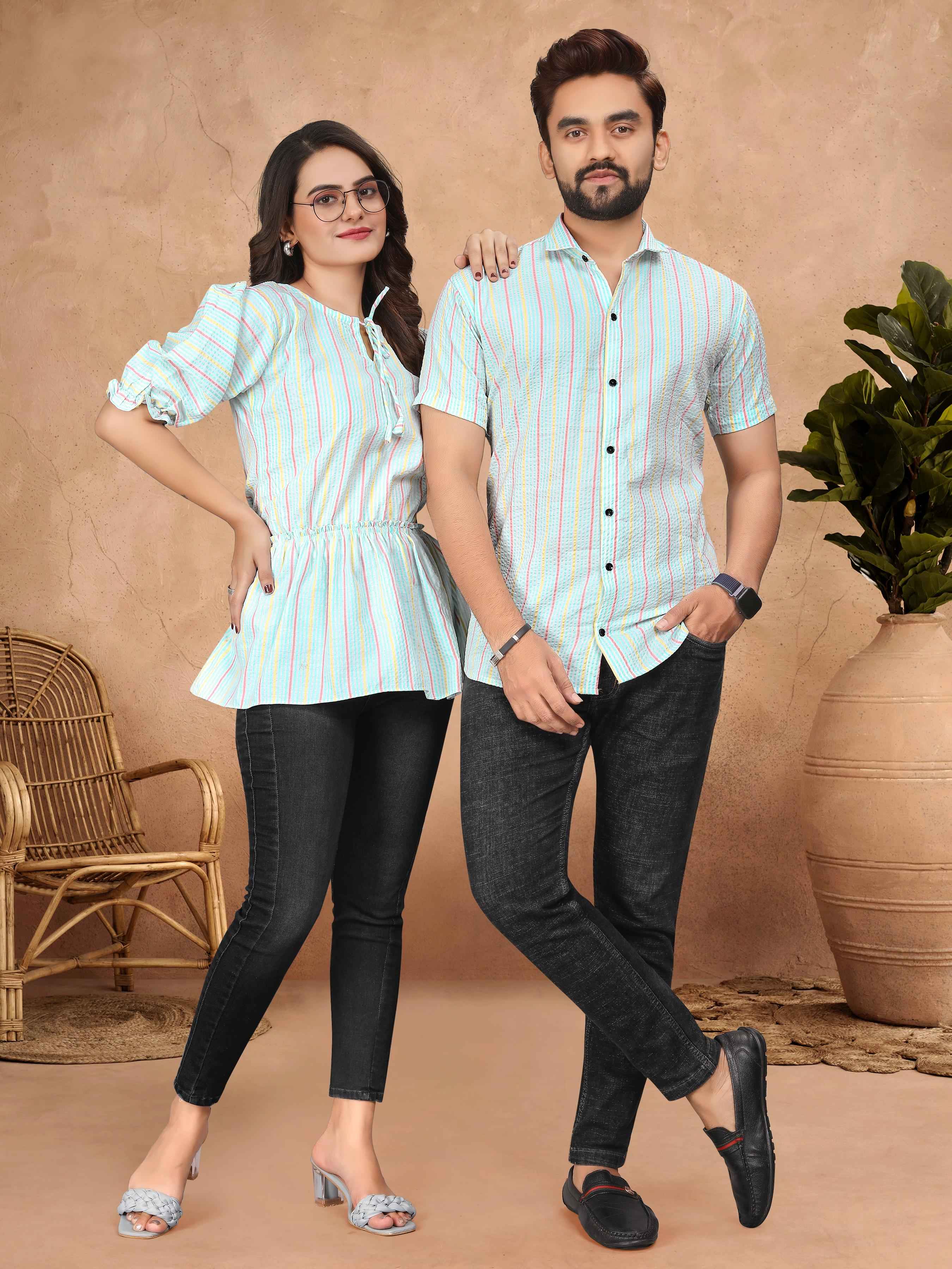 Sky Pure Soft Cotton Printed Shirt & Tunic Matching Both Couple Combo