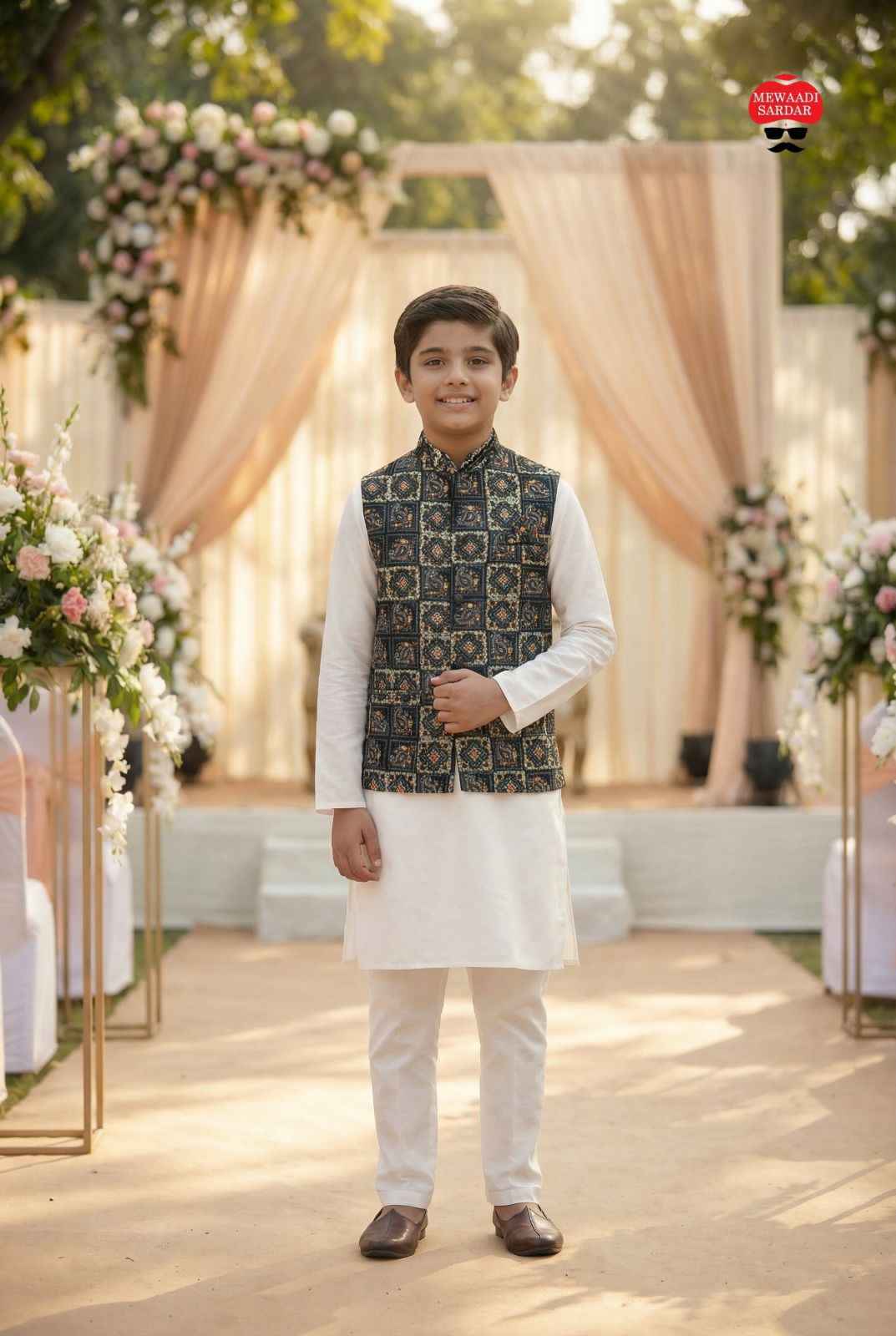 Black Pure Soft Malai Satin 3 Pcs Kids Boy Kurta Pajama with Koti Jacket Set
