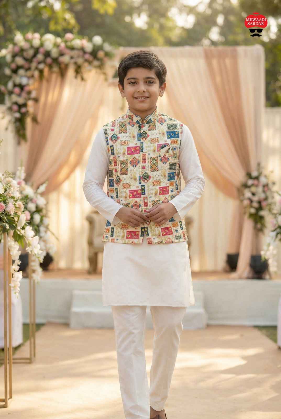 Cream Pure Soft Malai Satin 3 Pcs Kids Boy Kurta Pajama with Koti Jacket Set