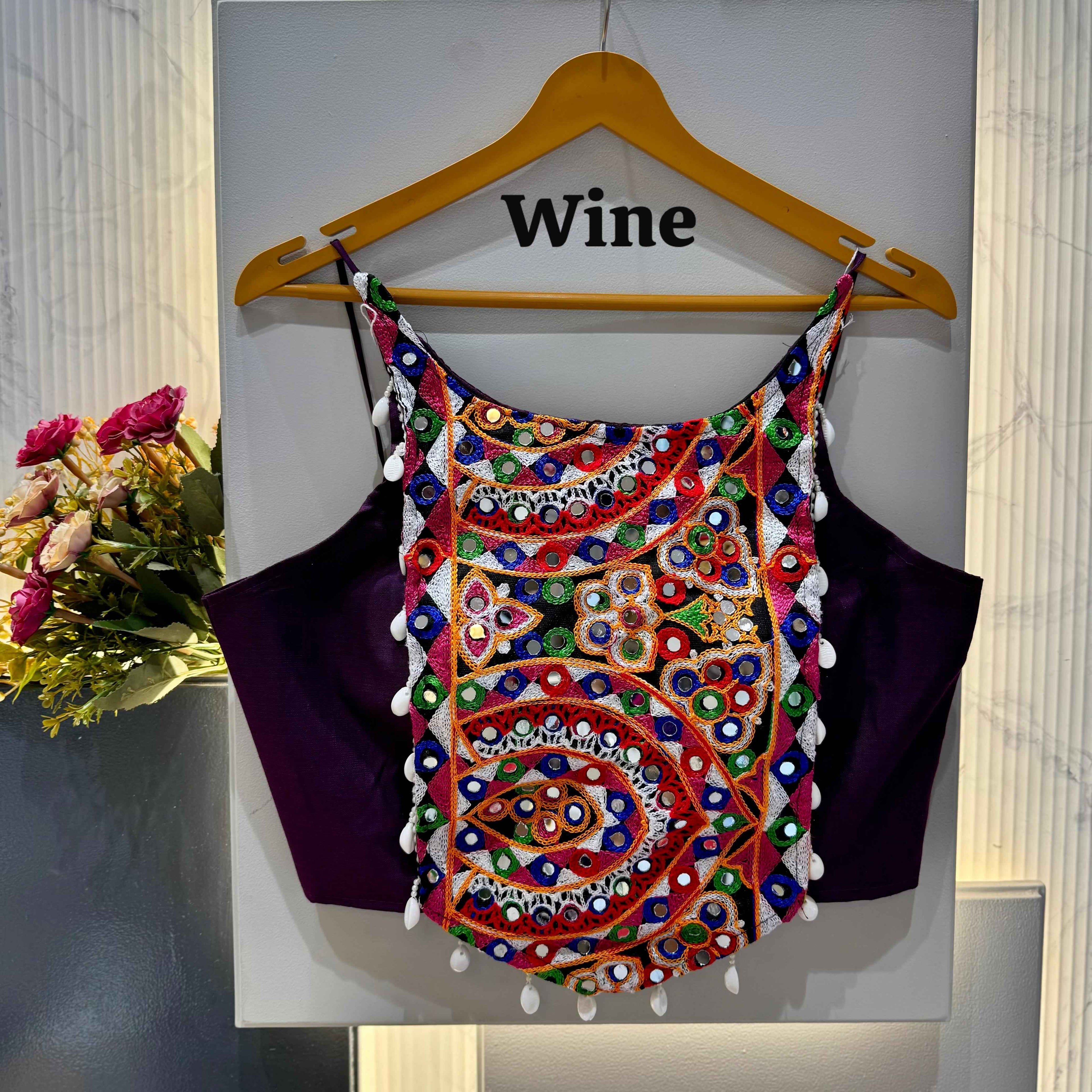 Wine Pure Soft Cotton Thread with Kaudi Hand Mirror Work Navratri Blouse