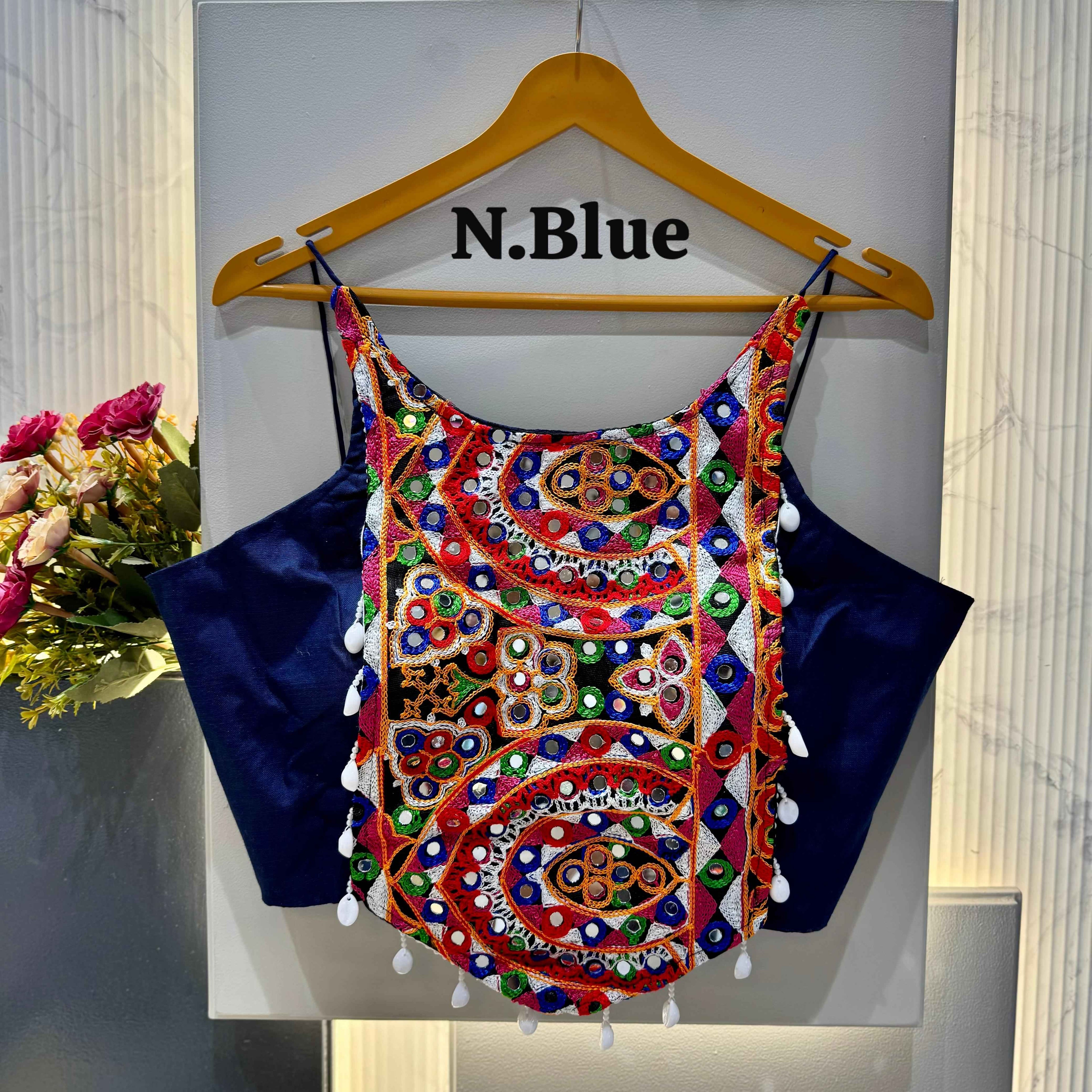 Navy Blue Pure Soft Cotton Thread with Kaudi Hand Mirror Work Navratri Blouse