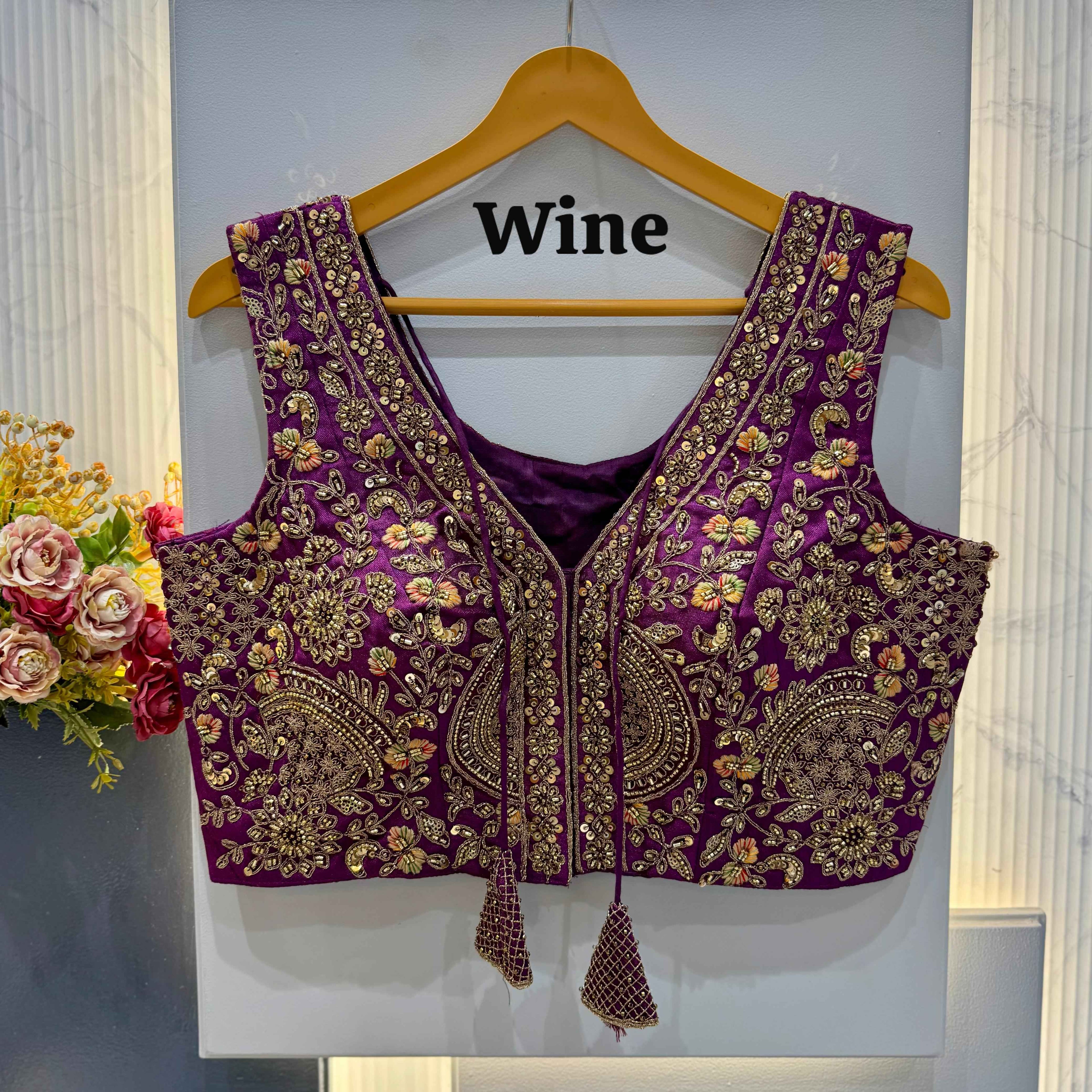 Wine Pure Soft Italian Silk Heavy Codding Sequins Work Bridal Blouse