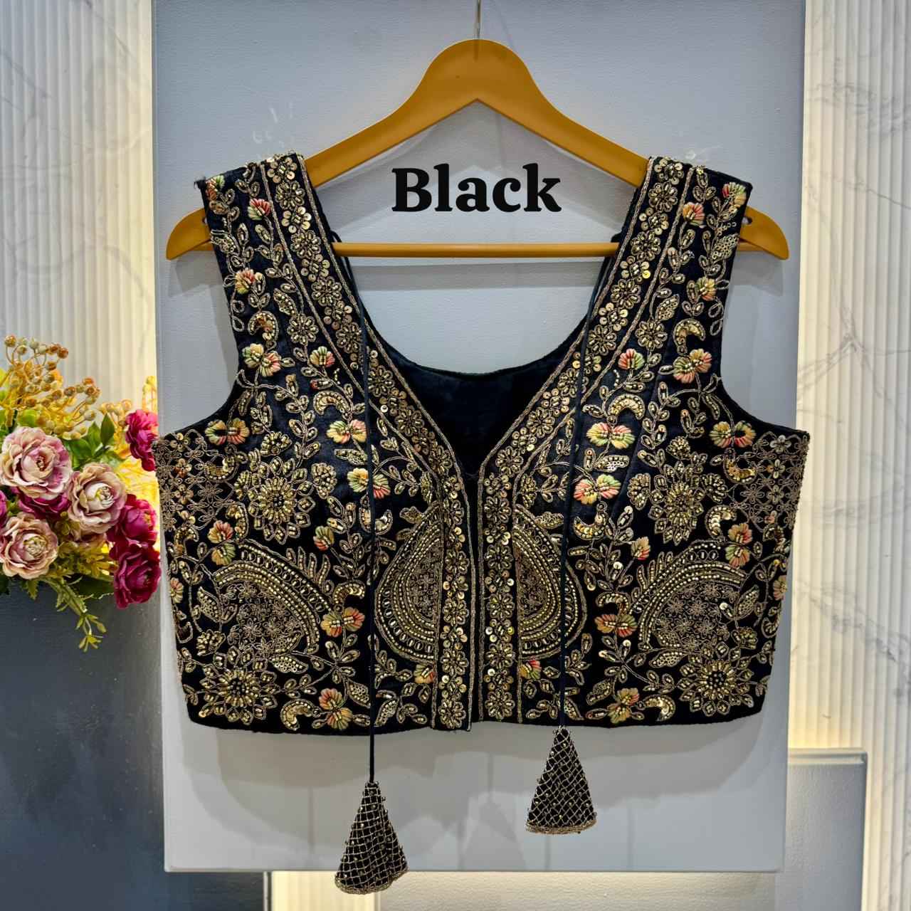 Black Pure Soft Italian Silk Heavy Codding Sequins Work Bridal Blouse