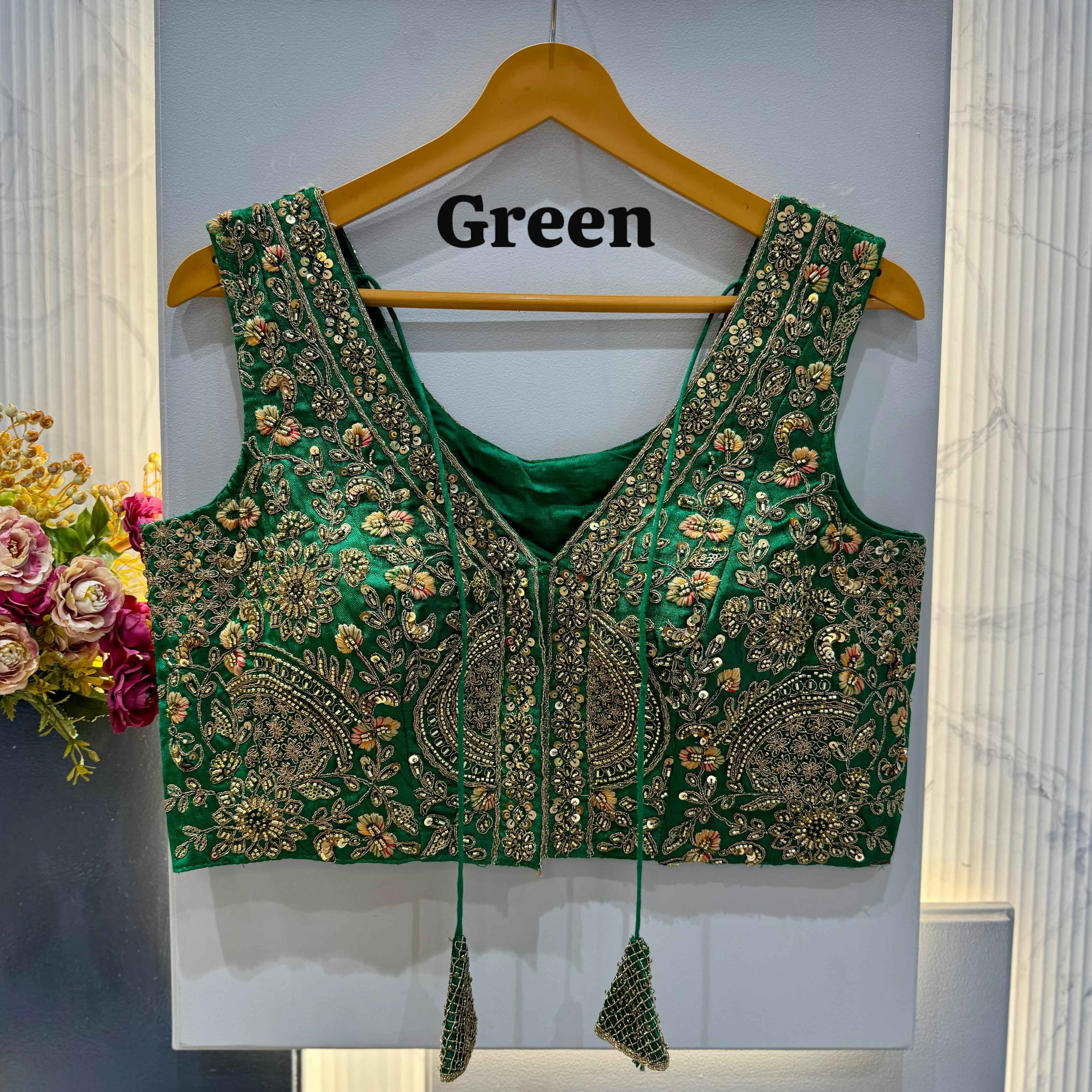 Green Pure Soft Italian Silk Heavy Codding Sequins Work Bridal Blouse