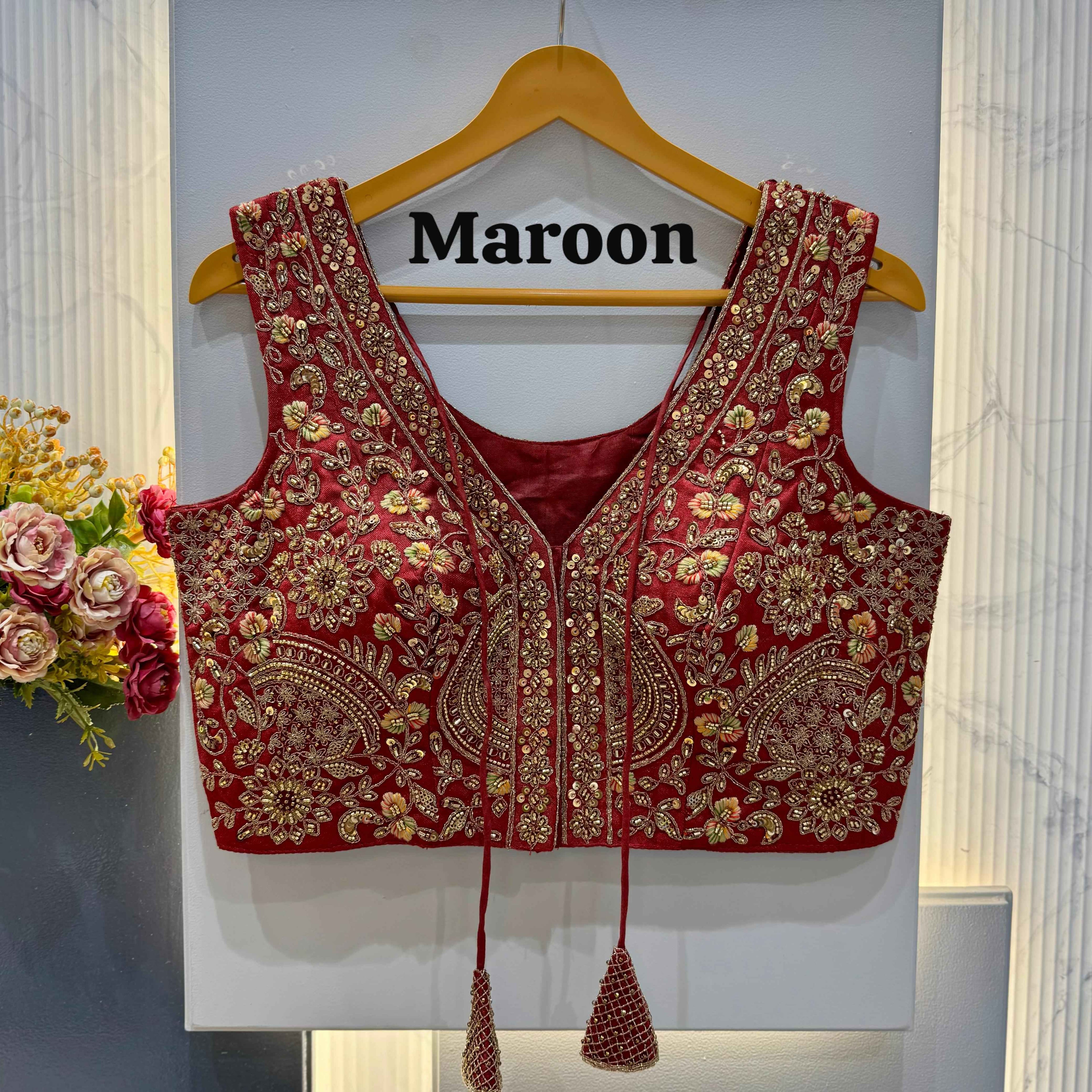 Maroon Pure Soft Italian Silk Heavy Codding Sequins Work Bridal Blouse