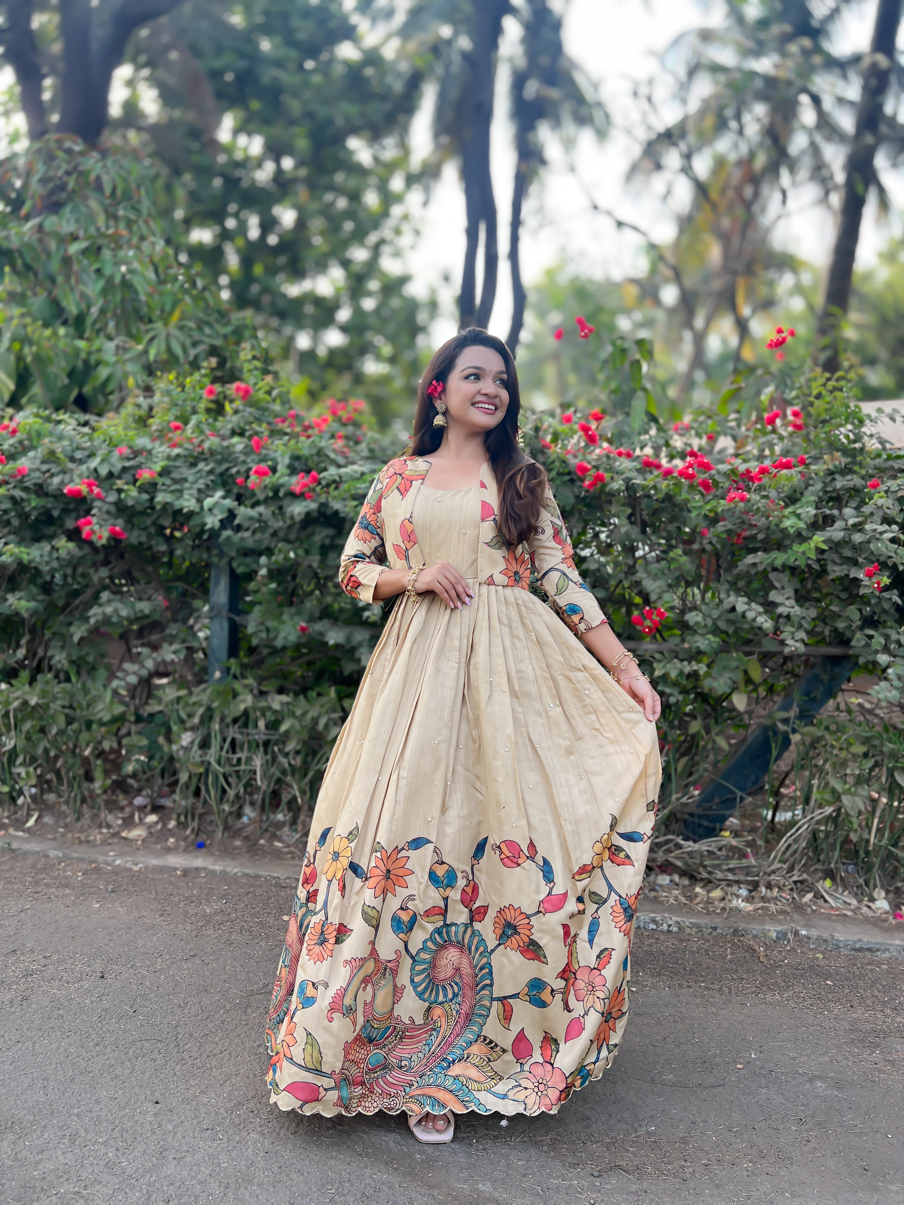 Cream Pure Soft Silk Blend Kalamkari Print Anarkali Gown