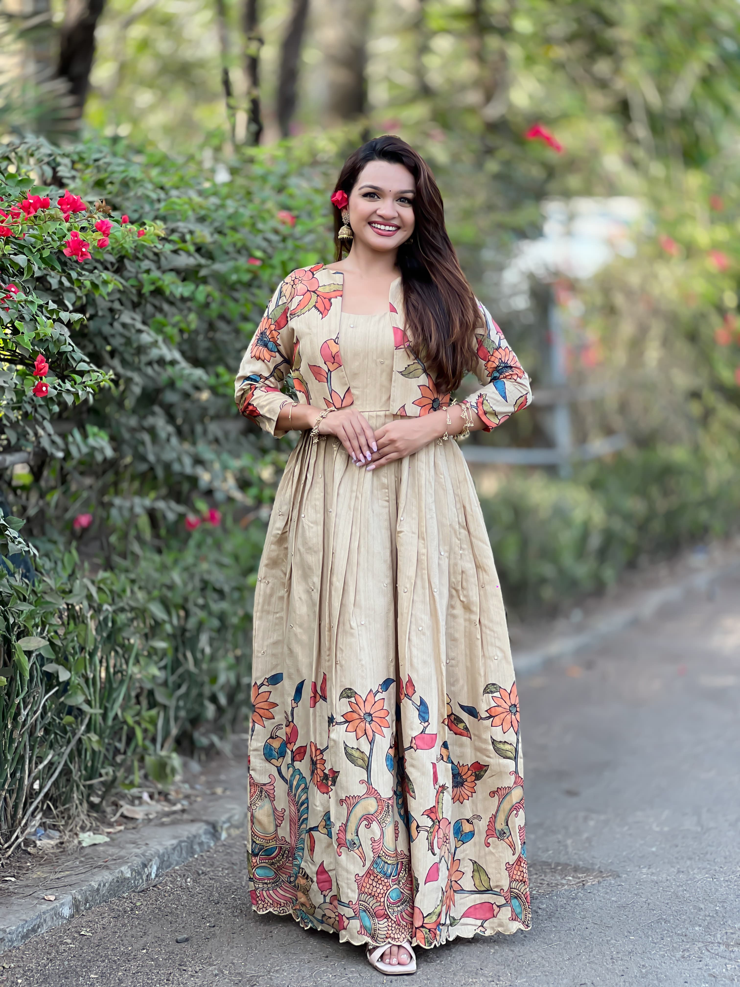 Cream Pure Soft Silk Blend Kalamkari Print Anarkali Gown