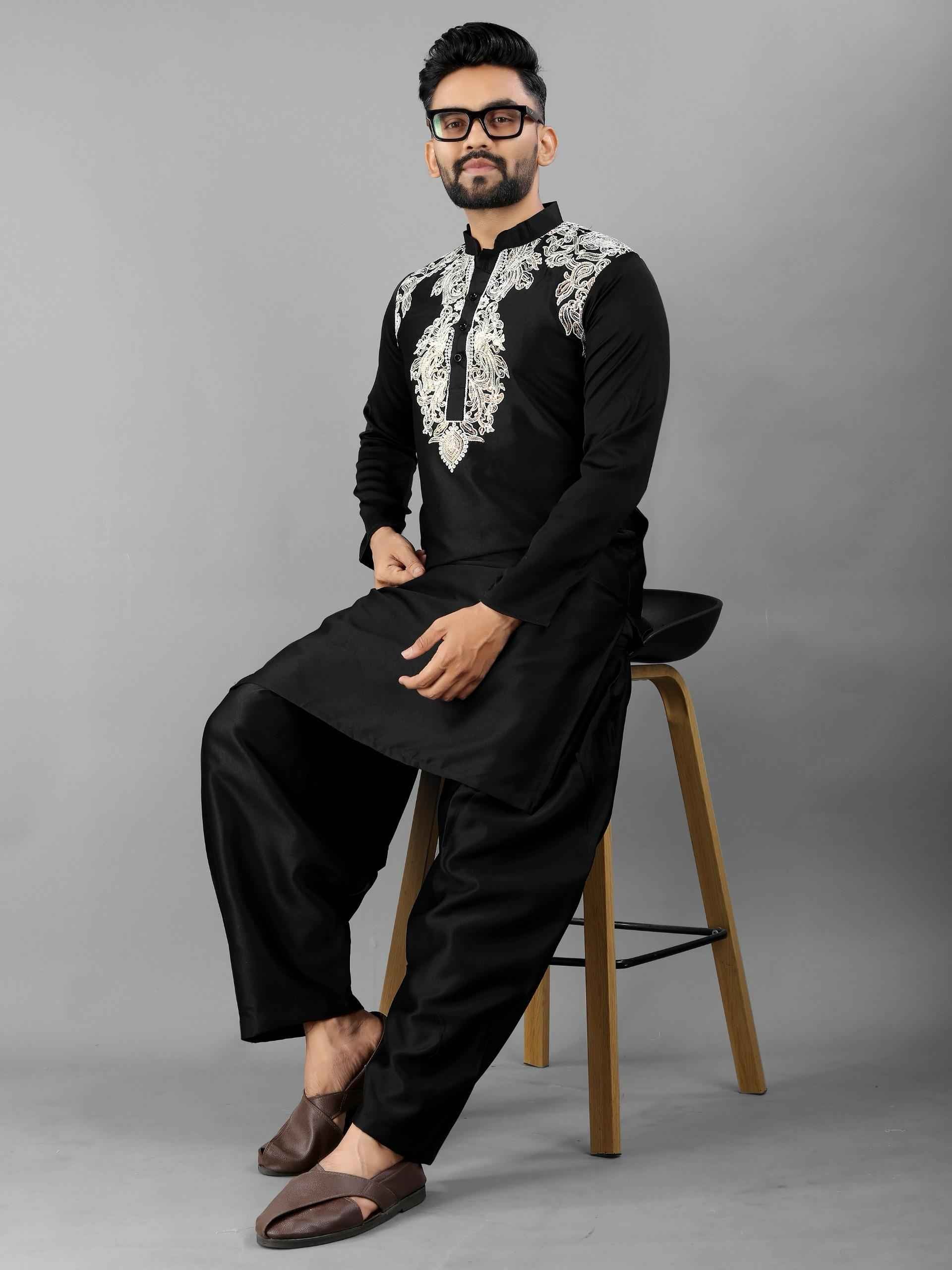 Black Pure Soft Satin Silk Pathani Style Kurta Pajama