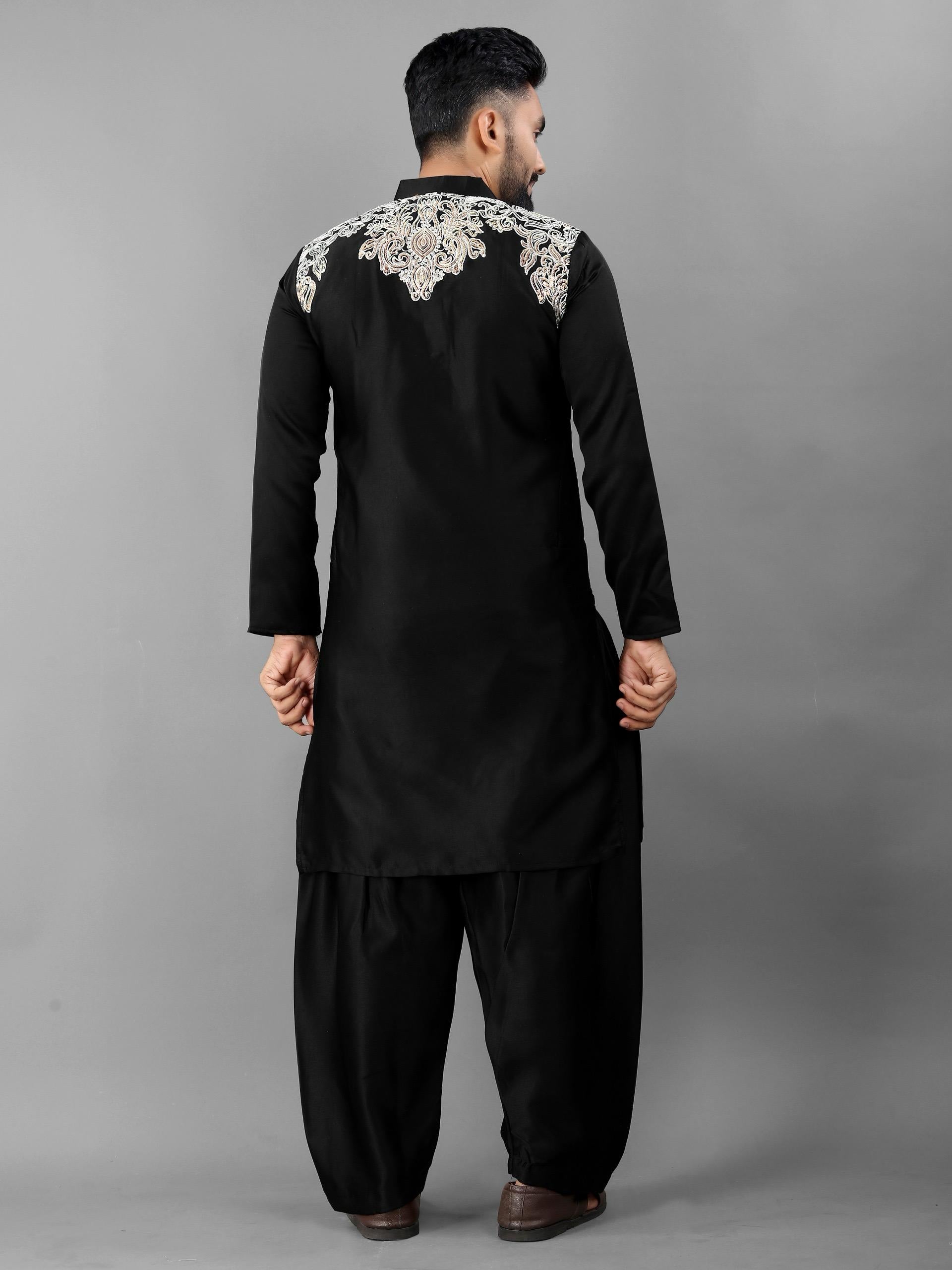 Black Pure Soft Satin Silk Pathani Style Kurta Pajama