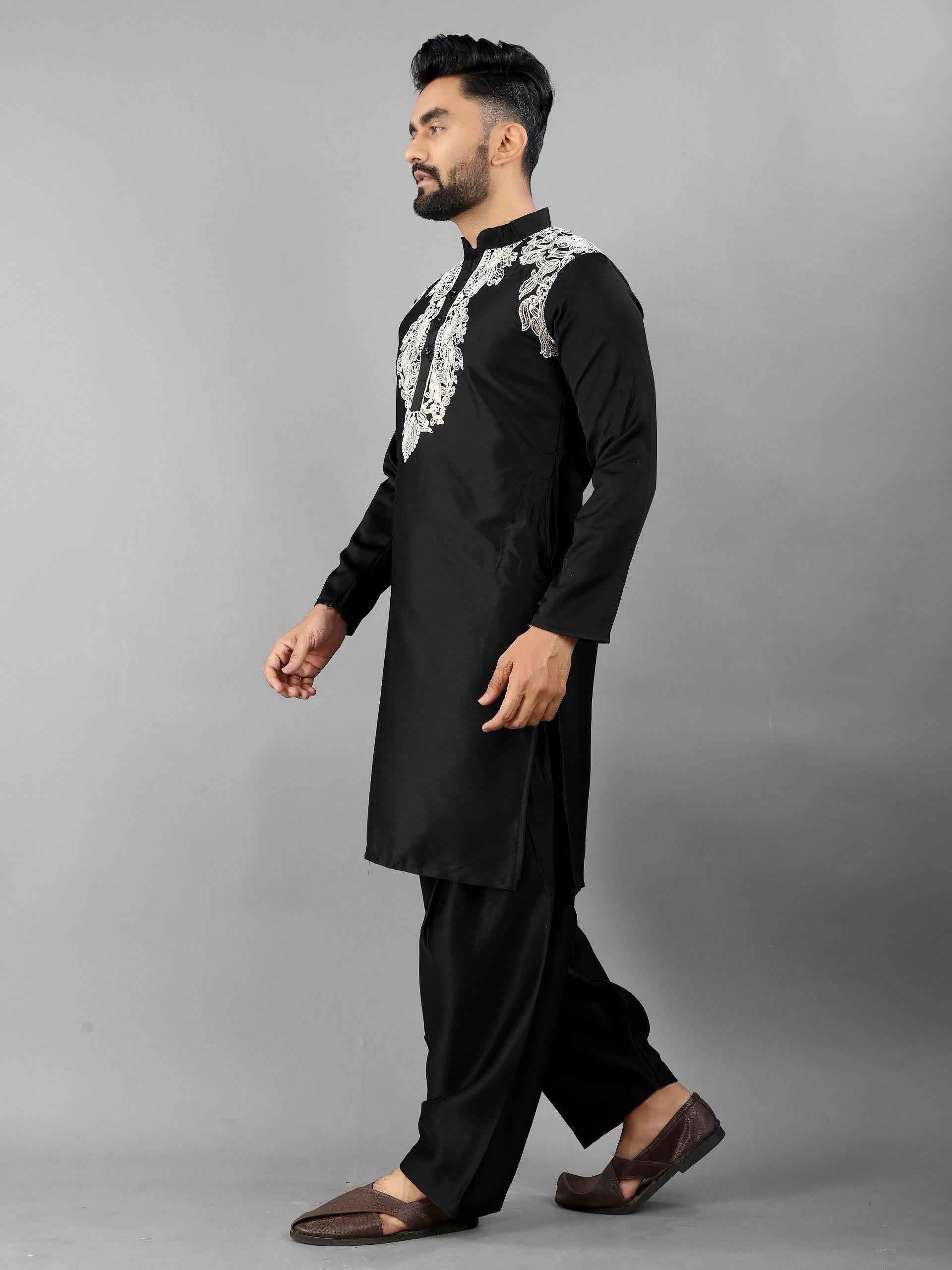 Black Pure Soft Satin Silk Pathani Style Kurta Pajama
