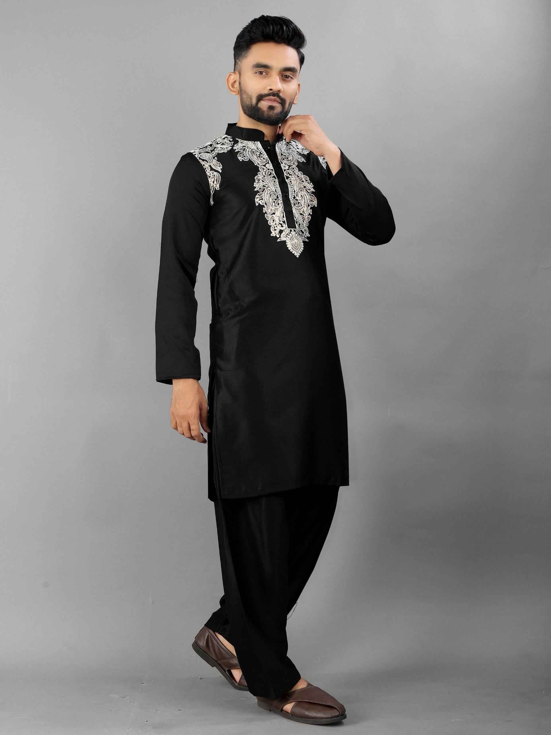 Black Pure Soft Satin Silk Pathani Style Kurta Pajama