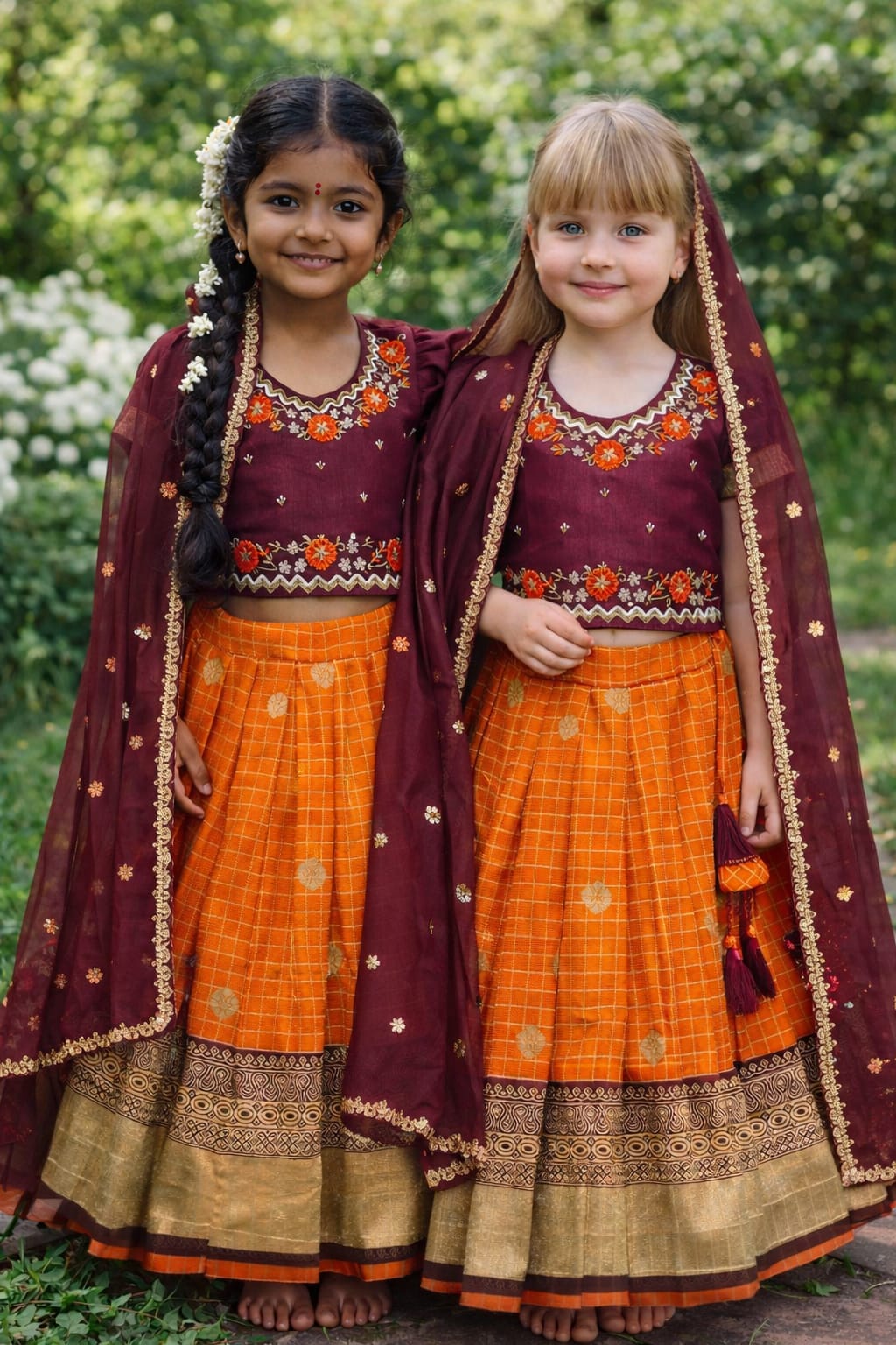 Orange Pure Vichitra Heavy Maggam Work Kids Girl&