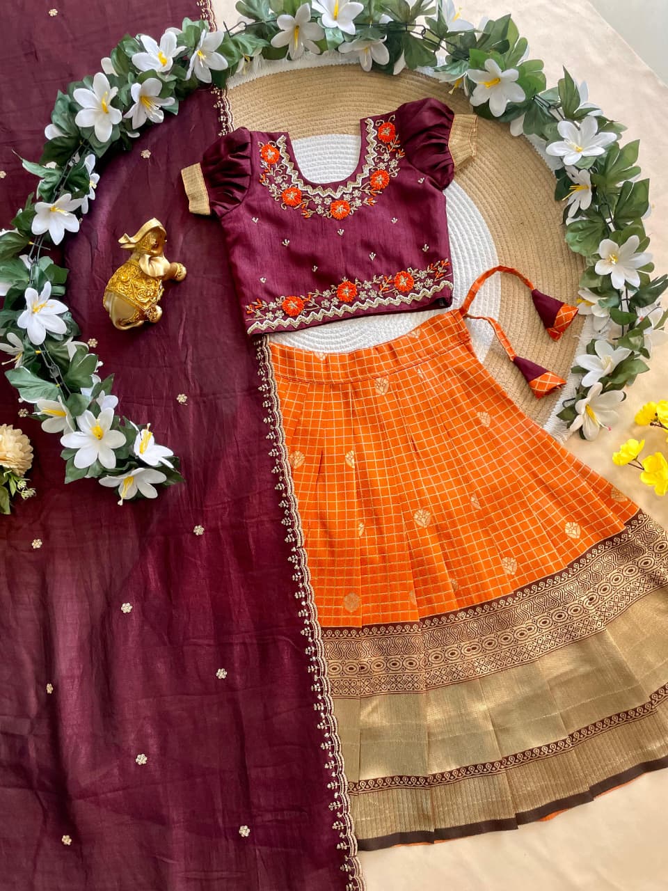 Orange Pure Vichitra Heavy Maggam Work Kids Girl&