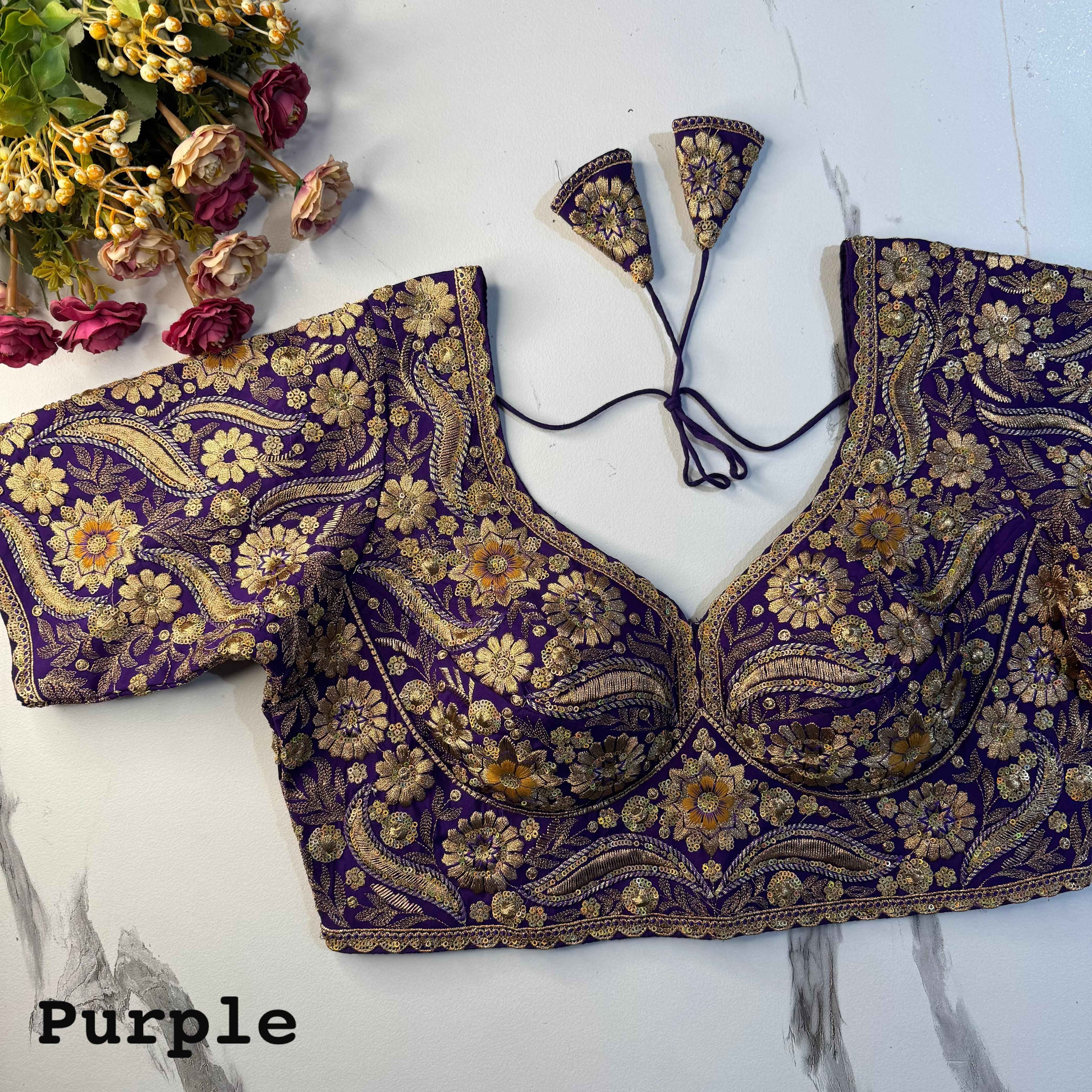 Purple Pure Soft Italian Silk Heavy Codding Sequins Work Bridal Blouse