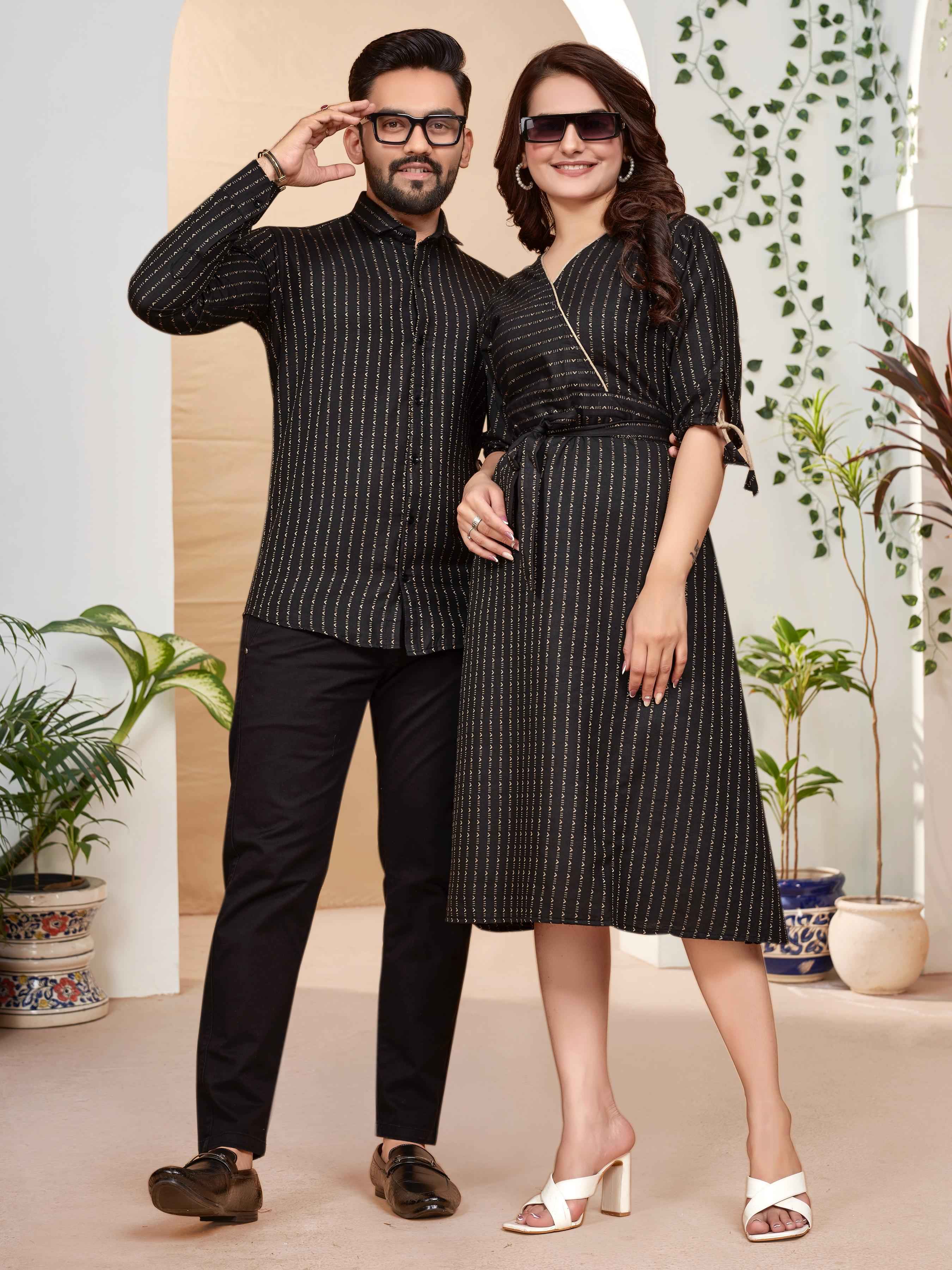 Black Pure Soft Cotton Printed Shirt & Tunic Matching Both Couple Combo