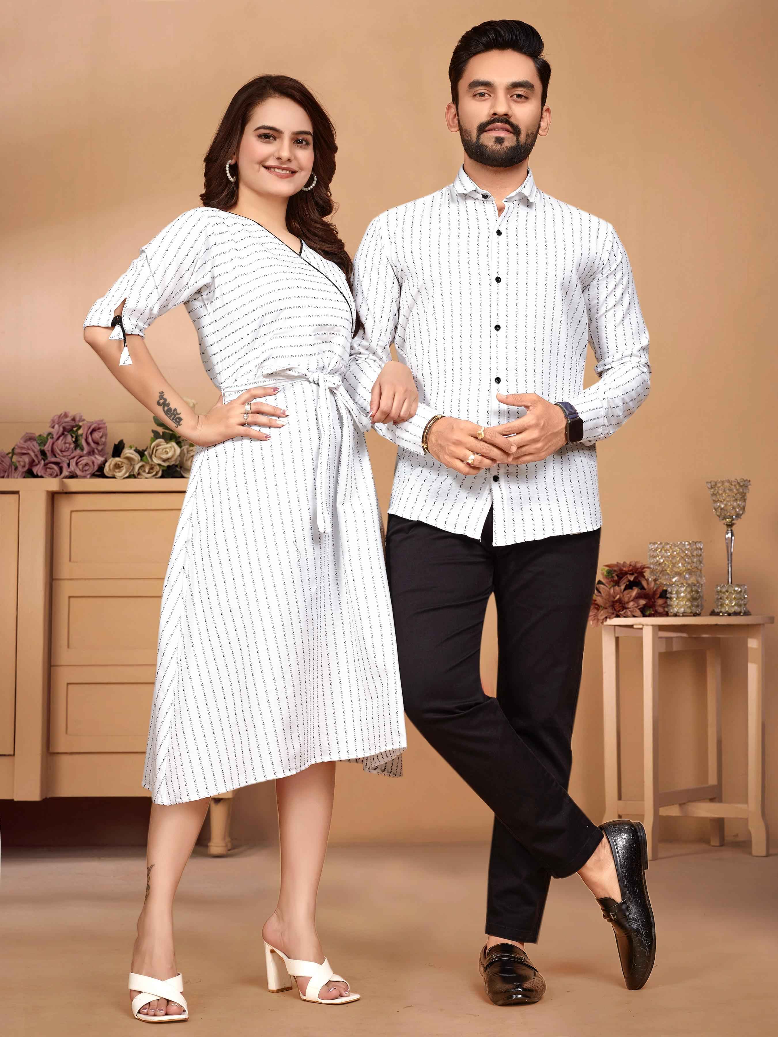 White Pure Soft Cotton Printed Shirt & Tunic Matching Both Couple Combo