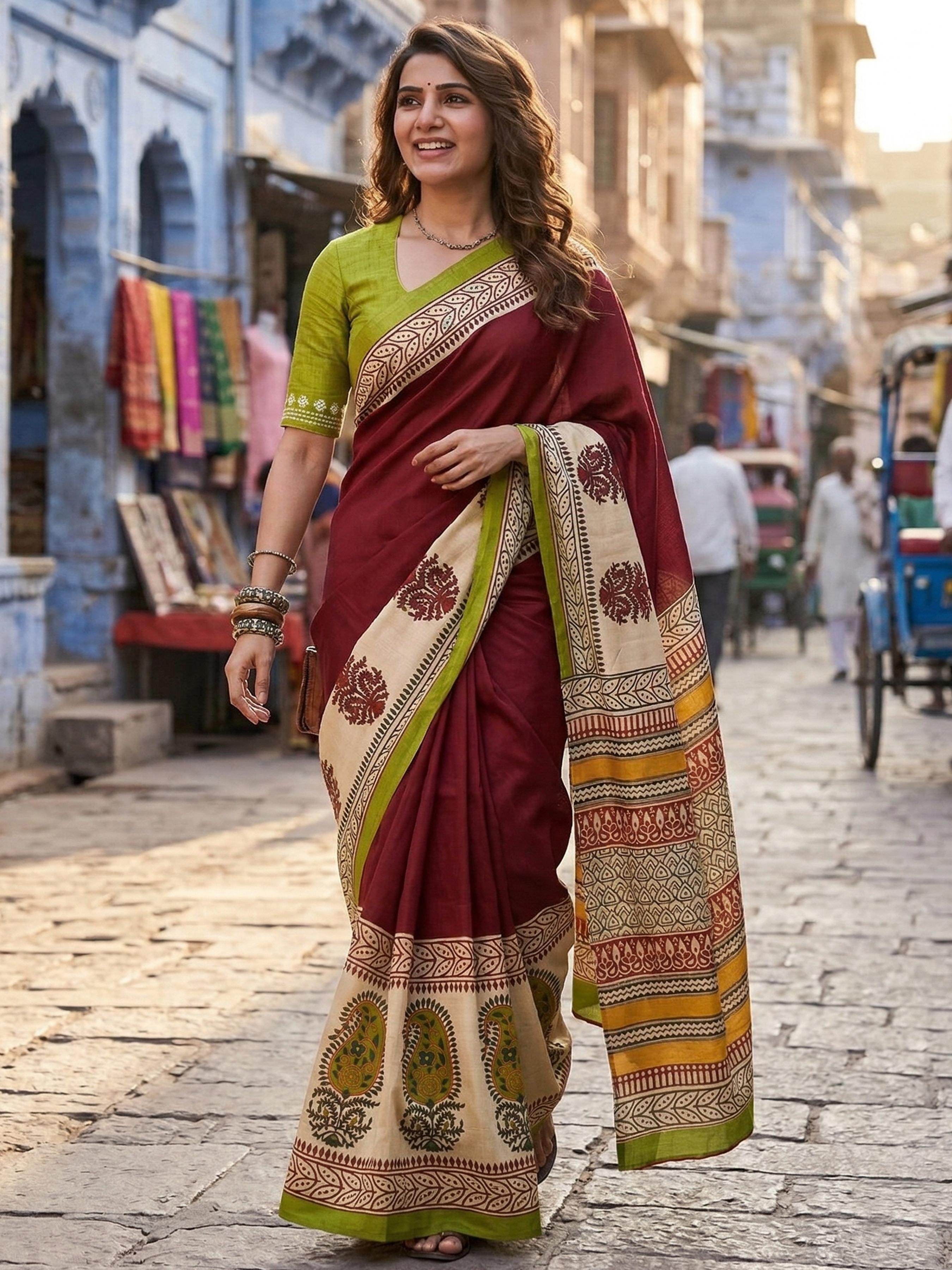 Maroon Soft Malmal Cotton Ajrakh Hand Block Print Cotton Saree