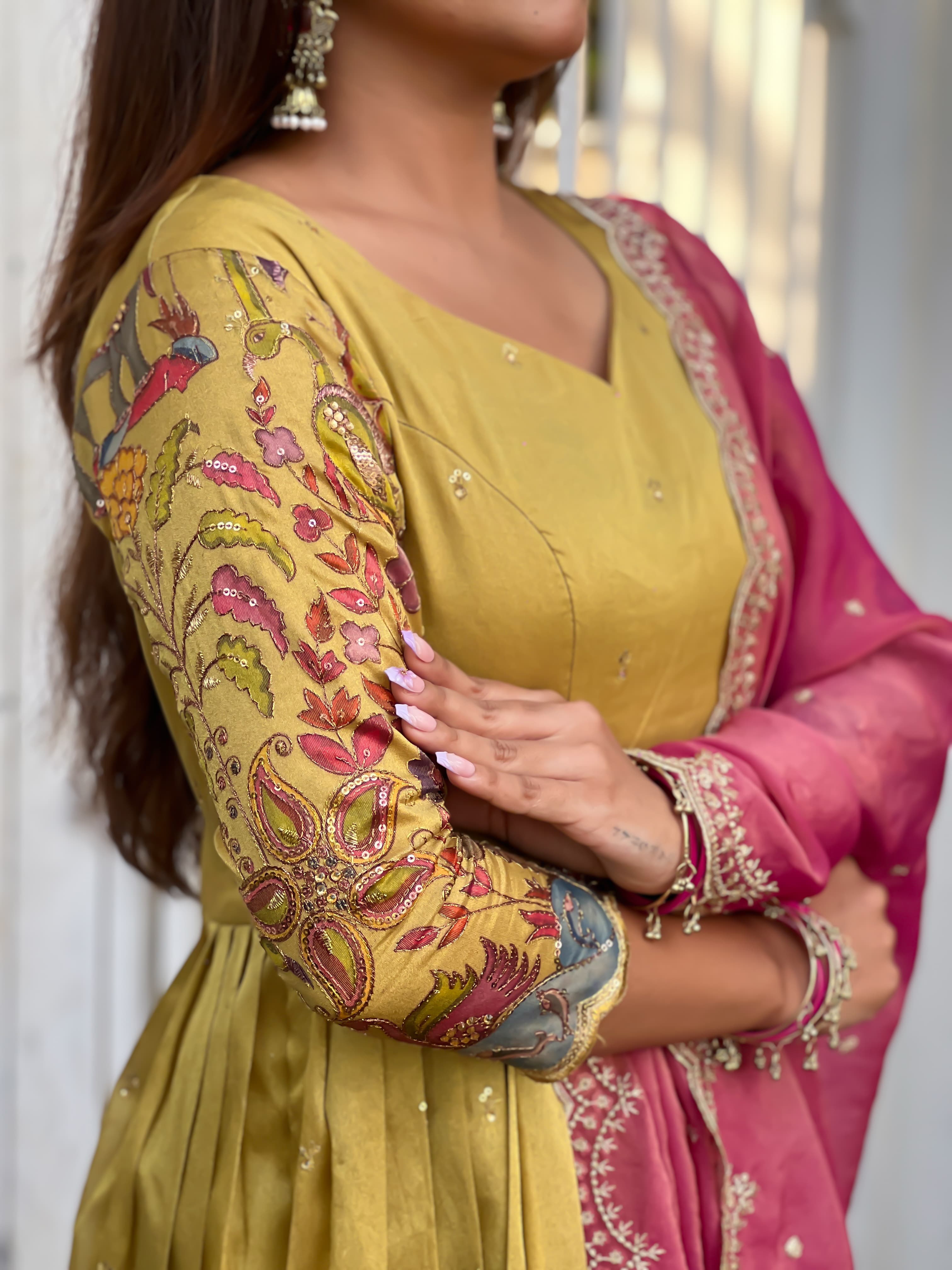 Cream Pure Soft Silk Blend Kalamkari Print Anarkali Gown