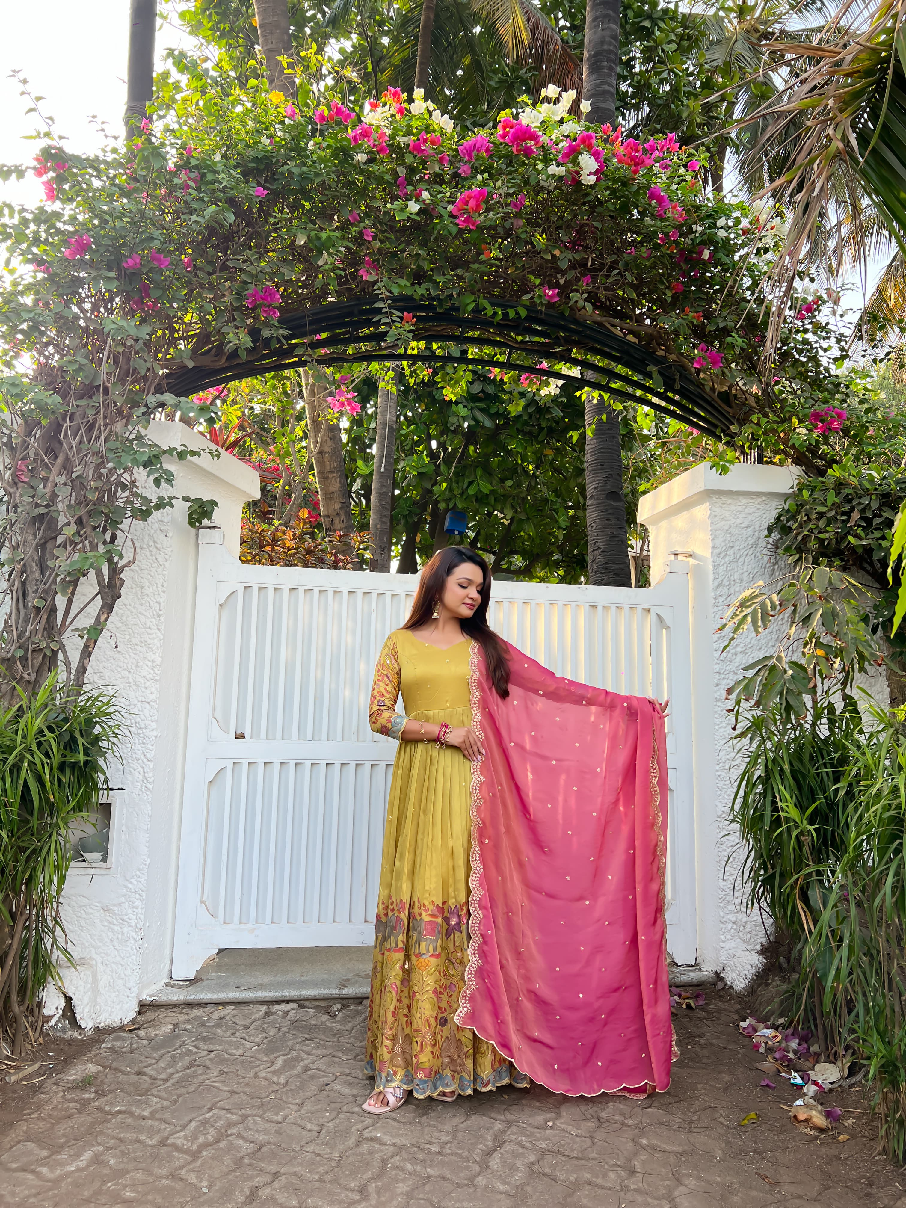 Cream Pure Soft Silk Blend Kalamkari Print Anarkali Gown
