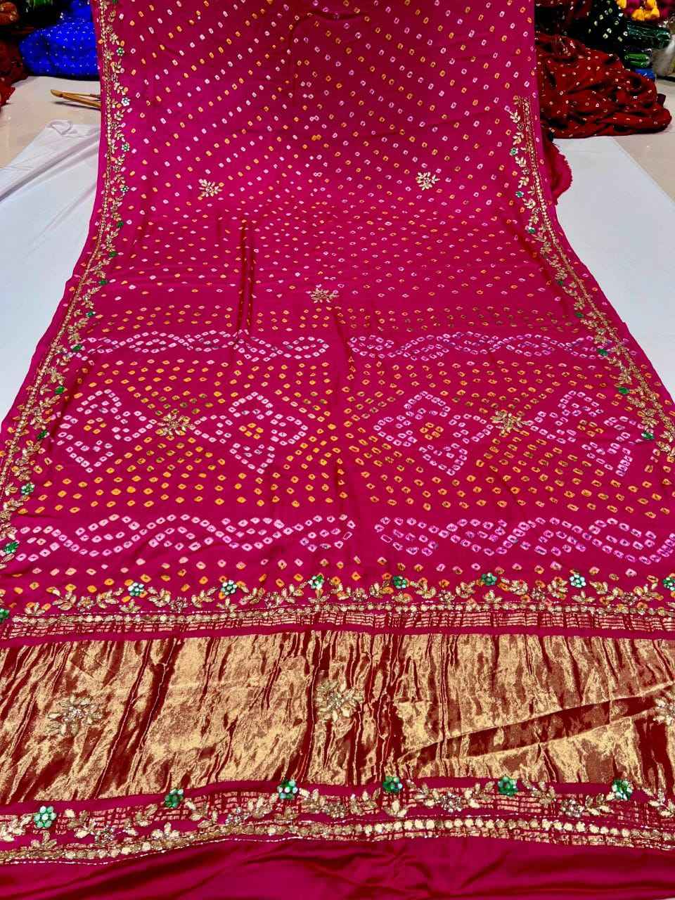 Rani Pure Gaji Silk Original Bandhani With Gota Pati Hand Work Gajji Silk Saree