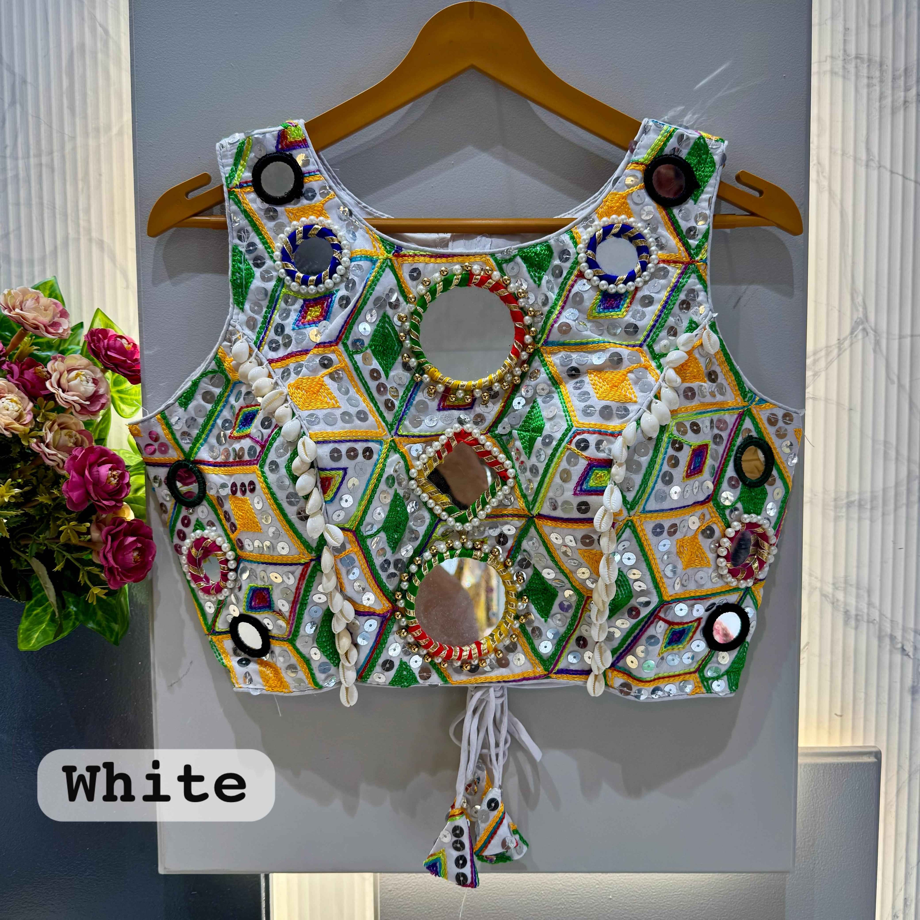 White Pure Soft Heavy Thread Sequin Kaudi & Hand Mirror Work Navratri Blouse