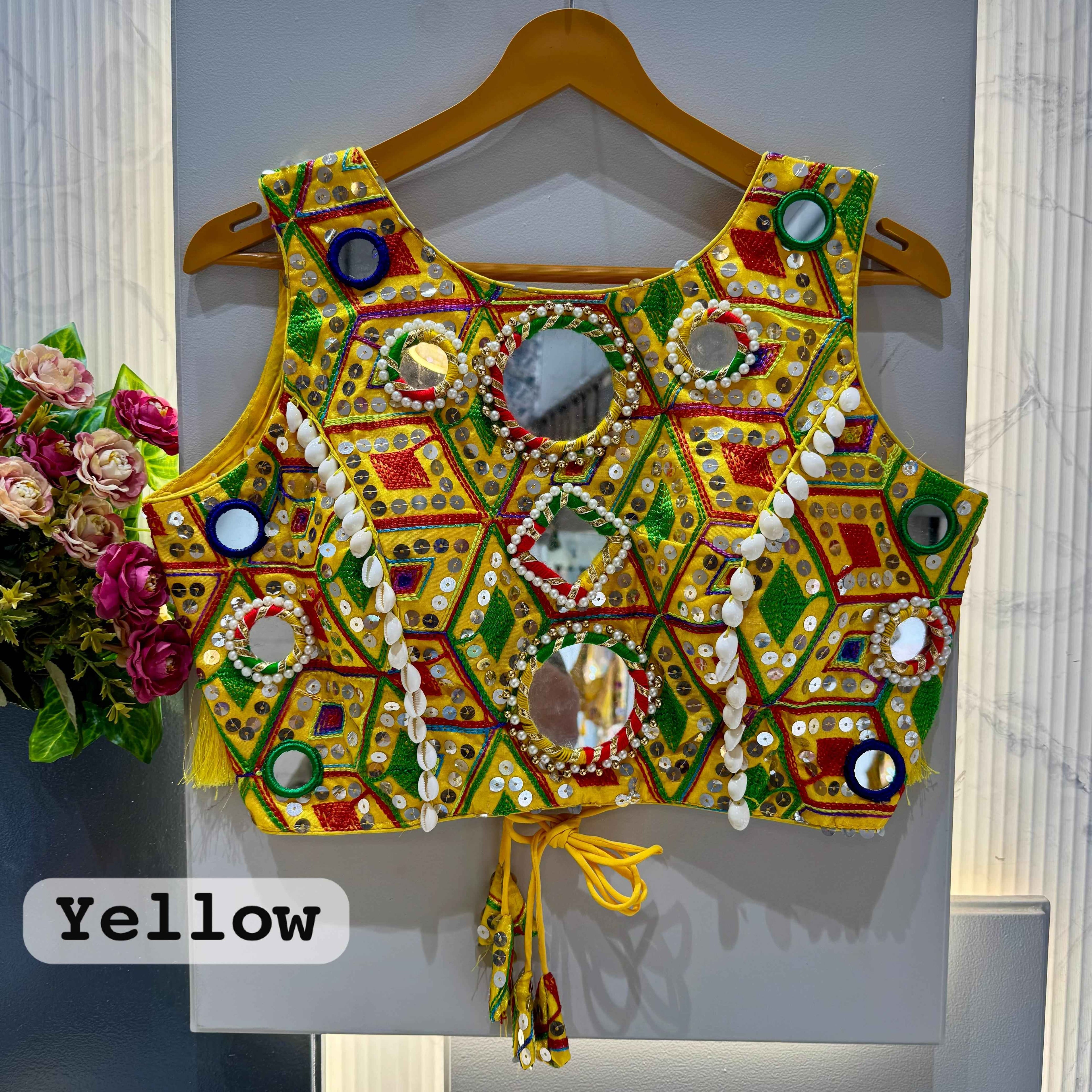 Yellow Pure Soft Heavy Thread Sequin Kaudi & Hand Mirror Work Navratri Blouse