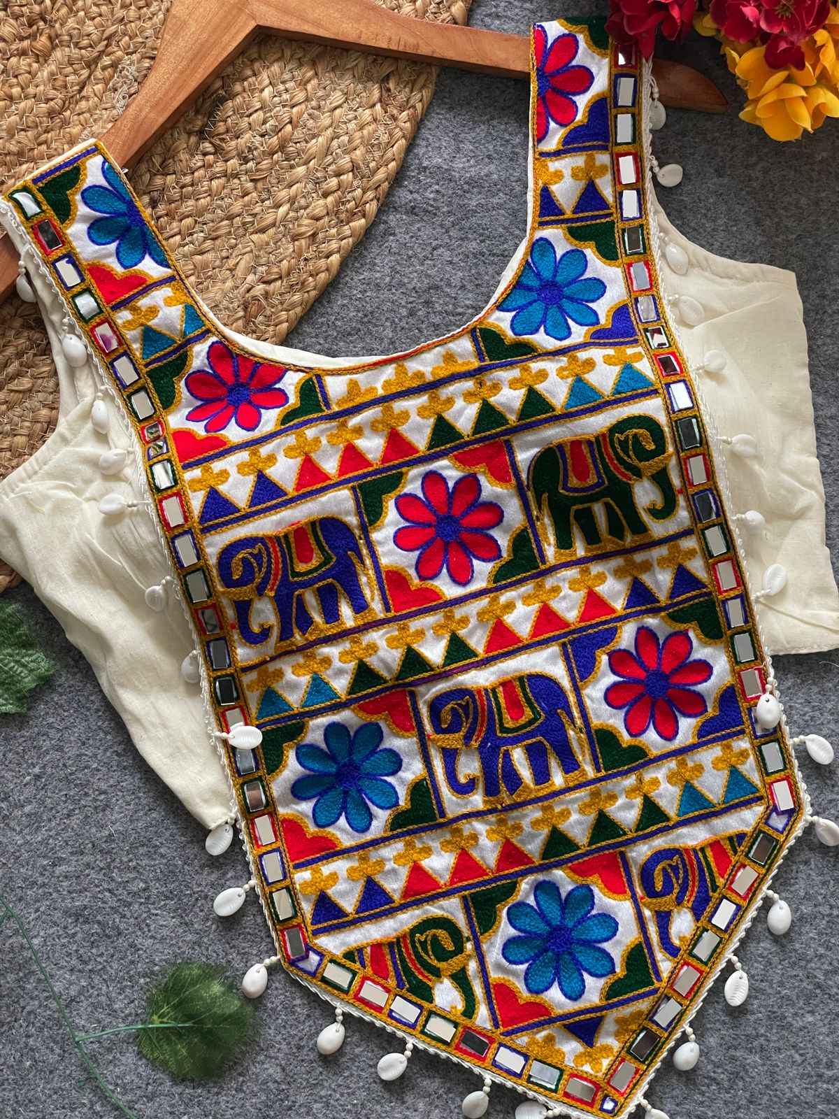 Cream Pure Soft Heavy Codding Embroidery With traditional Kaudi Navratri Blouse