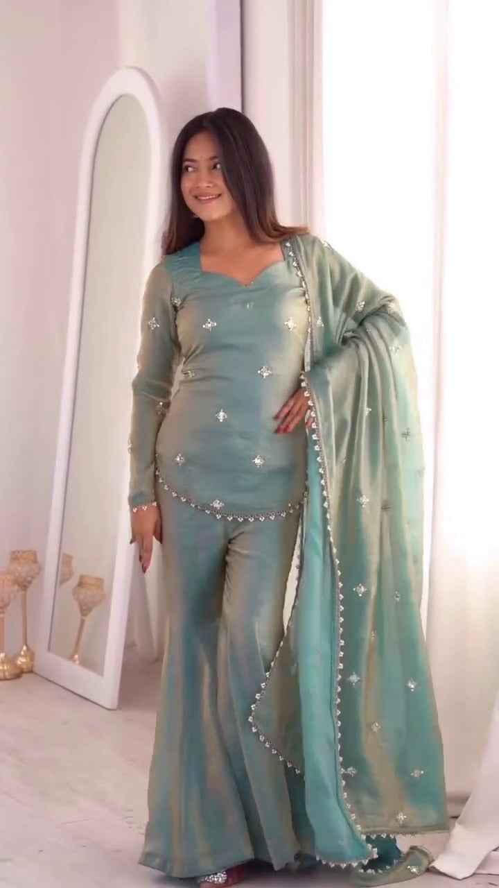 Sea Green Pure Soft Roman Silk Kurti Pent With Dupatta Set