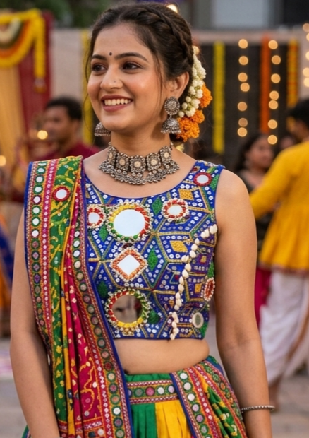 Black Pure Soft Heavy Thread Sequin Kaudi & Hand Mirror Work Navratri Blouse