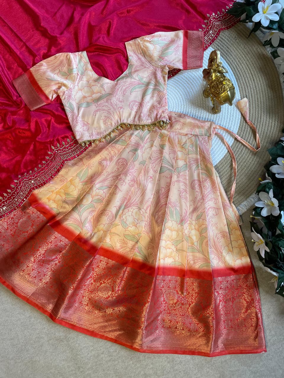 Red Pure Silk Heavy Floral Paisley Kids Girl&