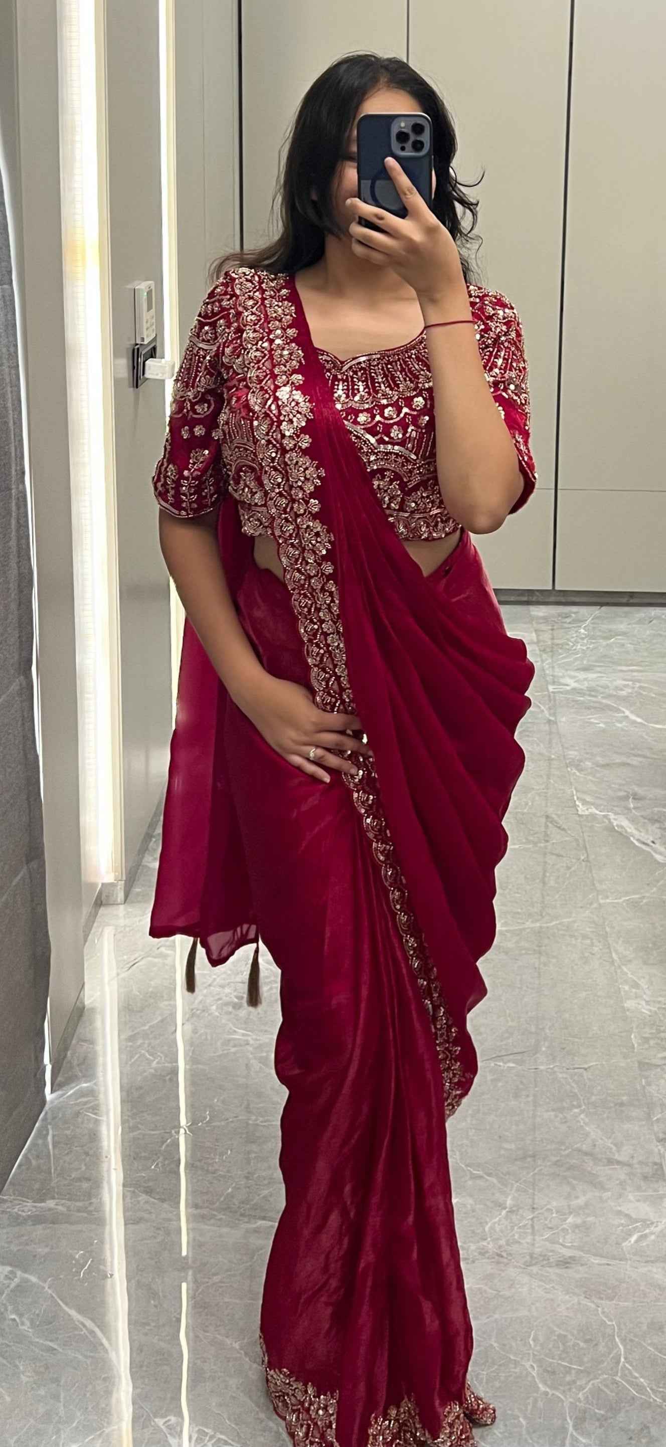 Red Pure Imported Fendi Silk Ready to Wear Saree (Copy)