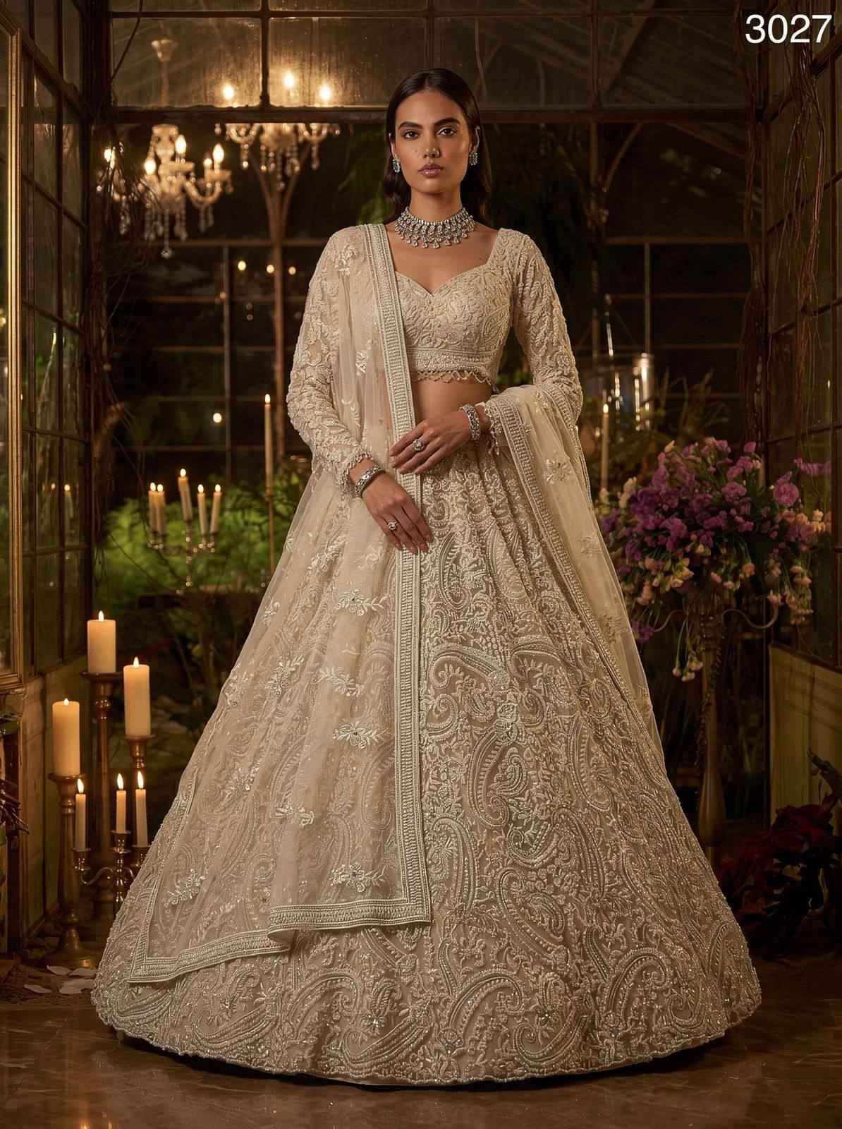 Ivory Pure Soft Heavy Net Fancy Embroidery Work Bridal Lehenga Choli