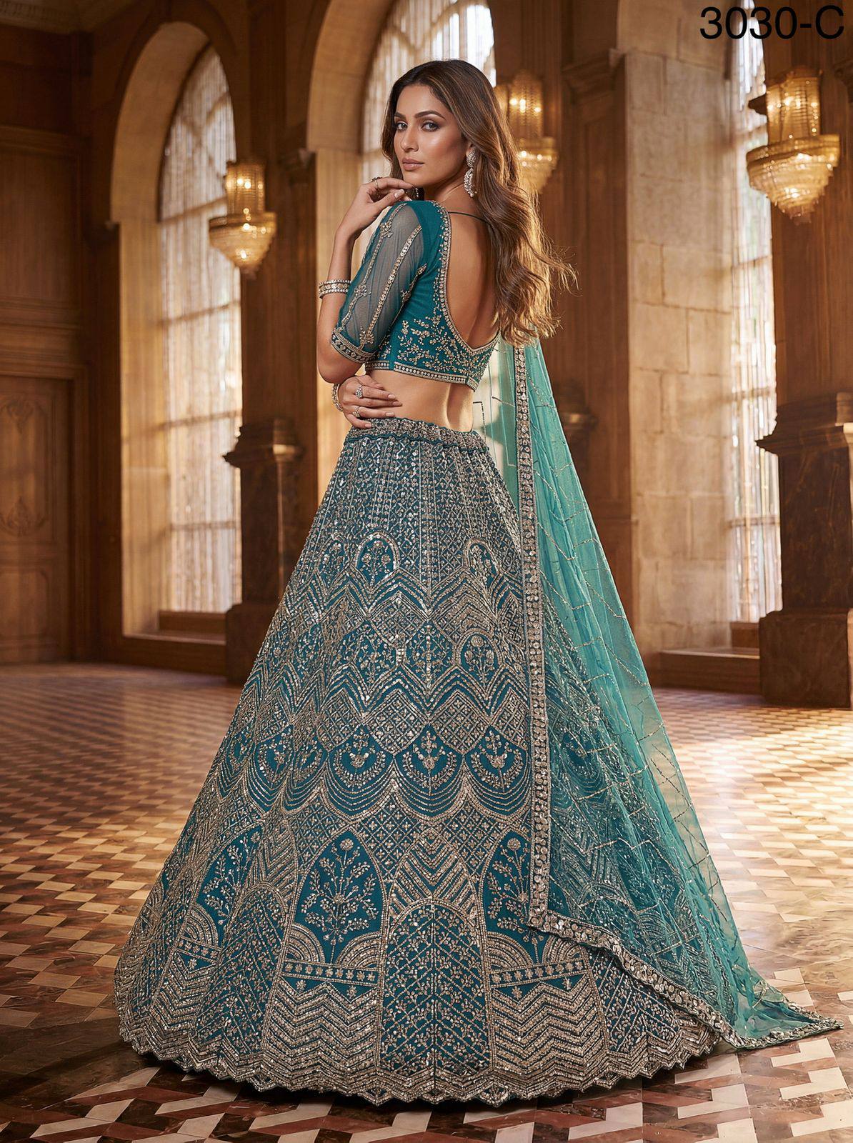 Firozi Pure Soft Heavy Net Fancy Embroidery Work Bridal Lehenga Choli