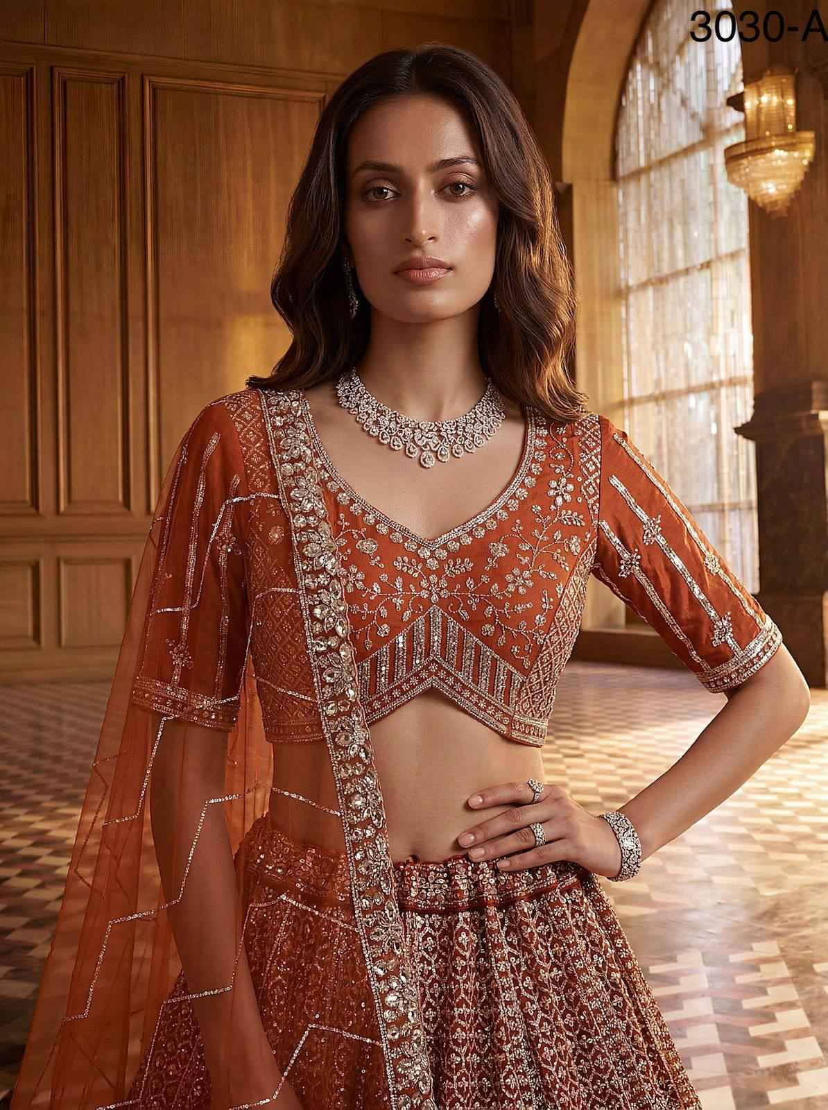 Orange Pure Soft Heavy Net Fancy Embroidery Work Bridal Lehenga Choli