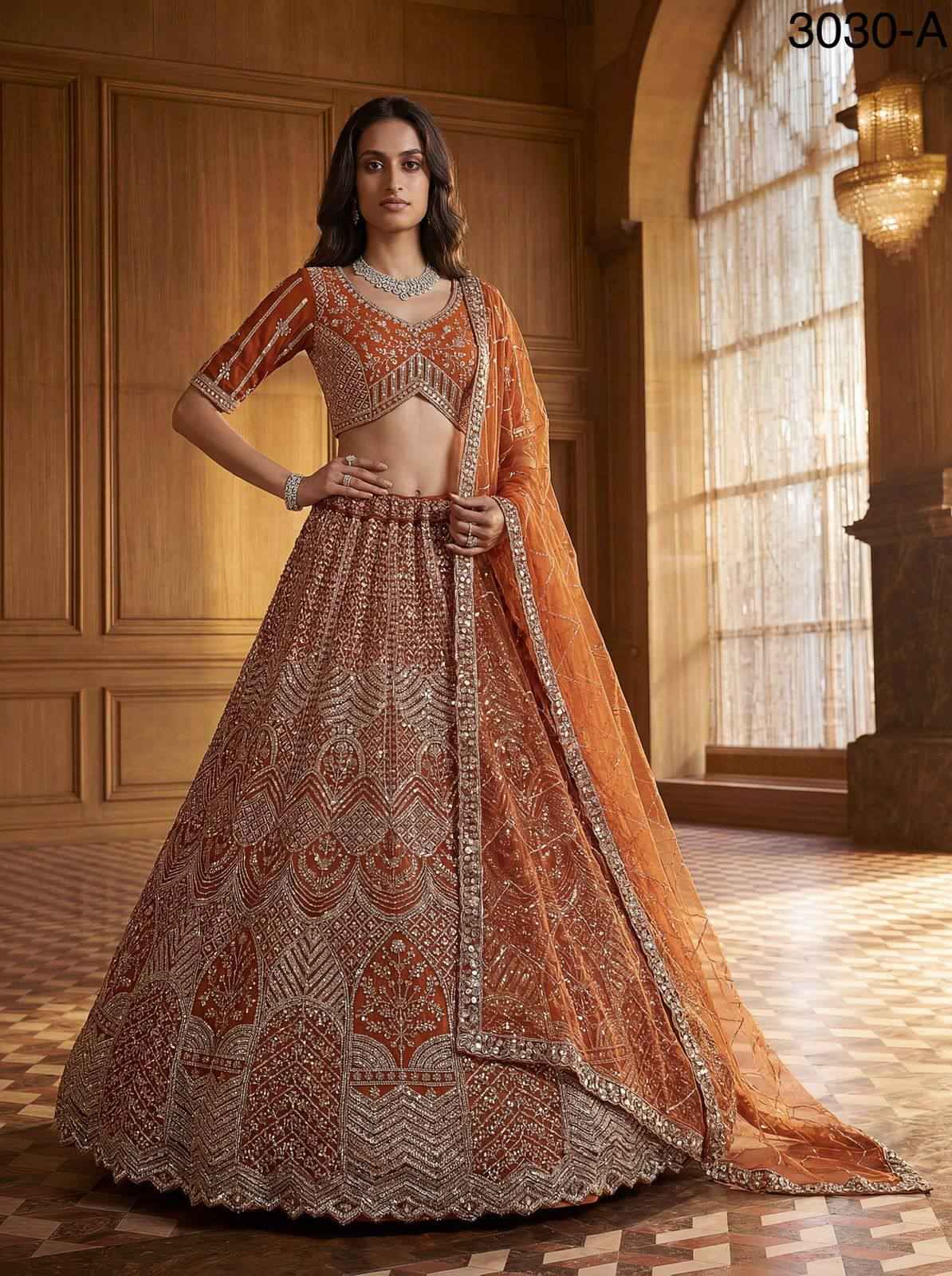 Orange Pure Soft Heavy Net Fancy Embroidery Work Bridal Lehenga Choli
