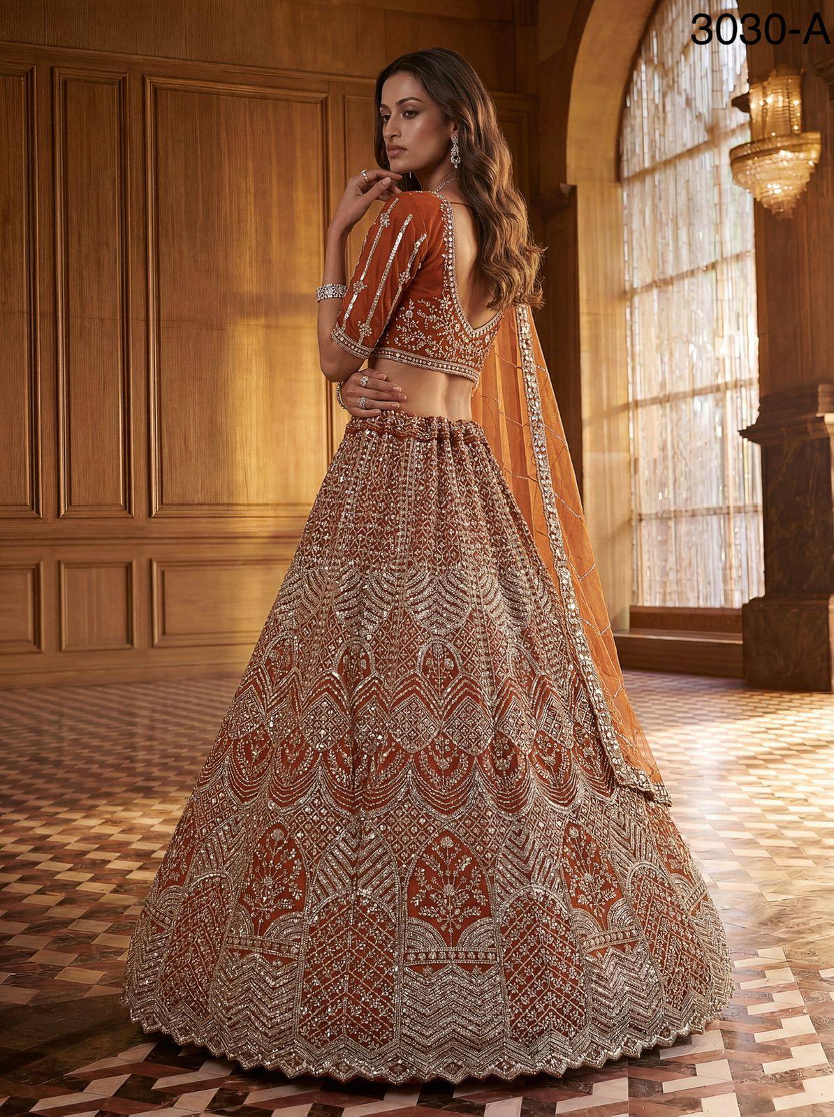 Orange Pure Soft Heavy Net Fancy Embroidery Work Bridal Lehenga Choli