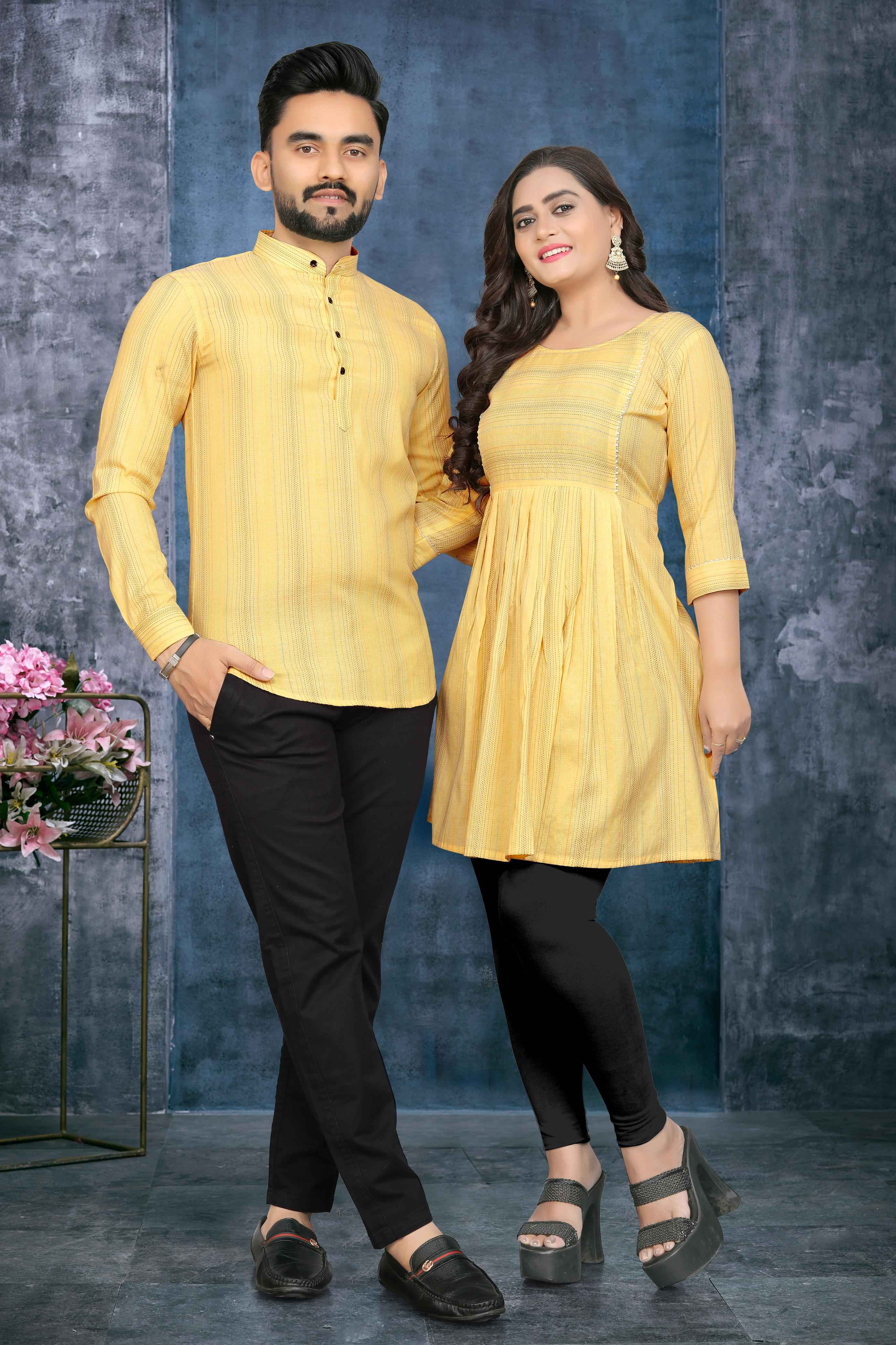 Yellow Pure Soft Cotton Printed Shirt & Tunic Matching Both Couple Combo