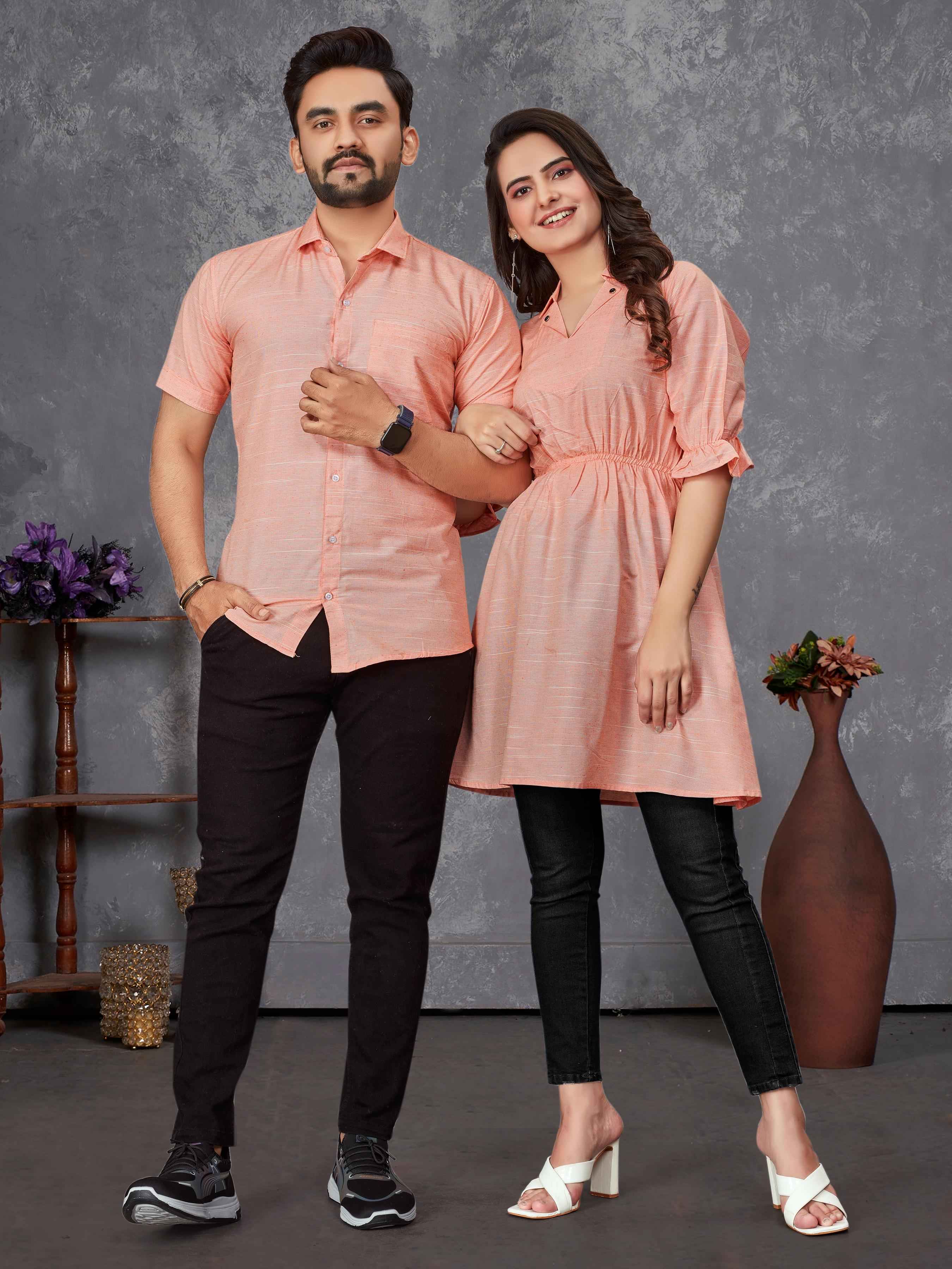 Peach Pure Soft Cotton Printed Shirt & Tunic Matching Both Couple Combo