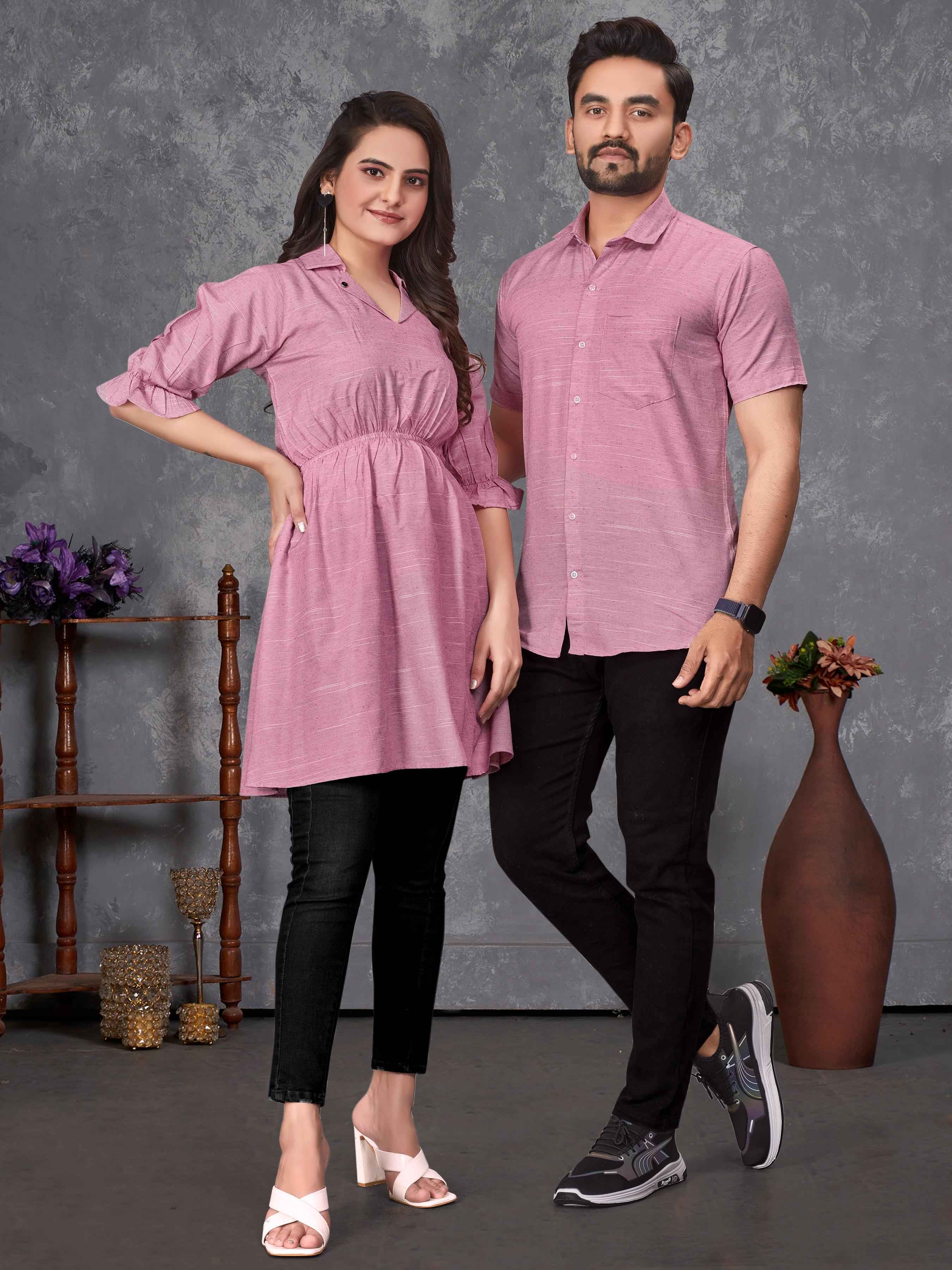 Pink Pure Soft Cotton Printed Shirt & Tunic Matching Both Couple Combo