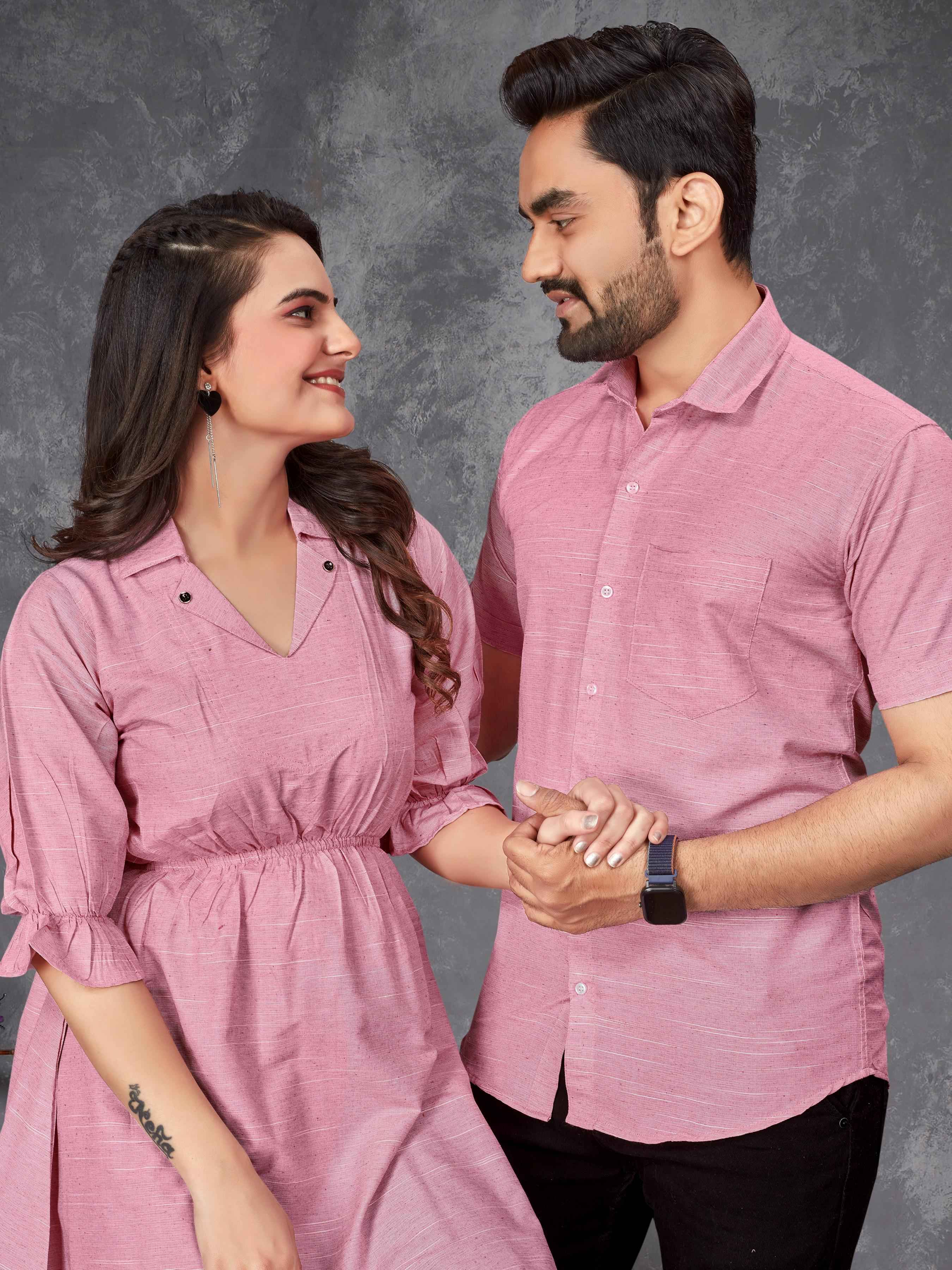 Pink Pure Soft Cotton Printed Shirt & Tunic Matching Both Couple Combo