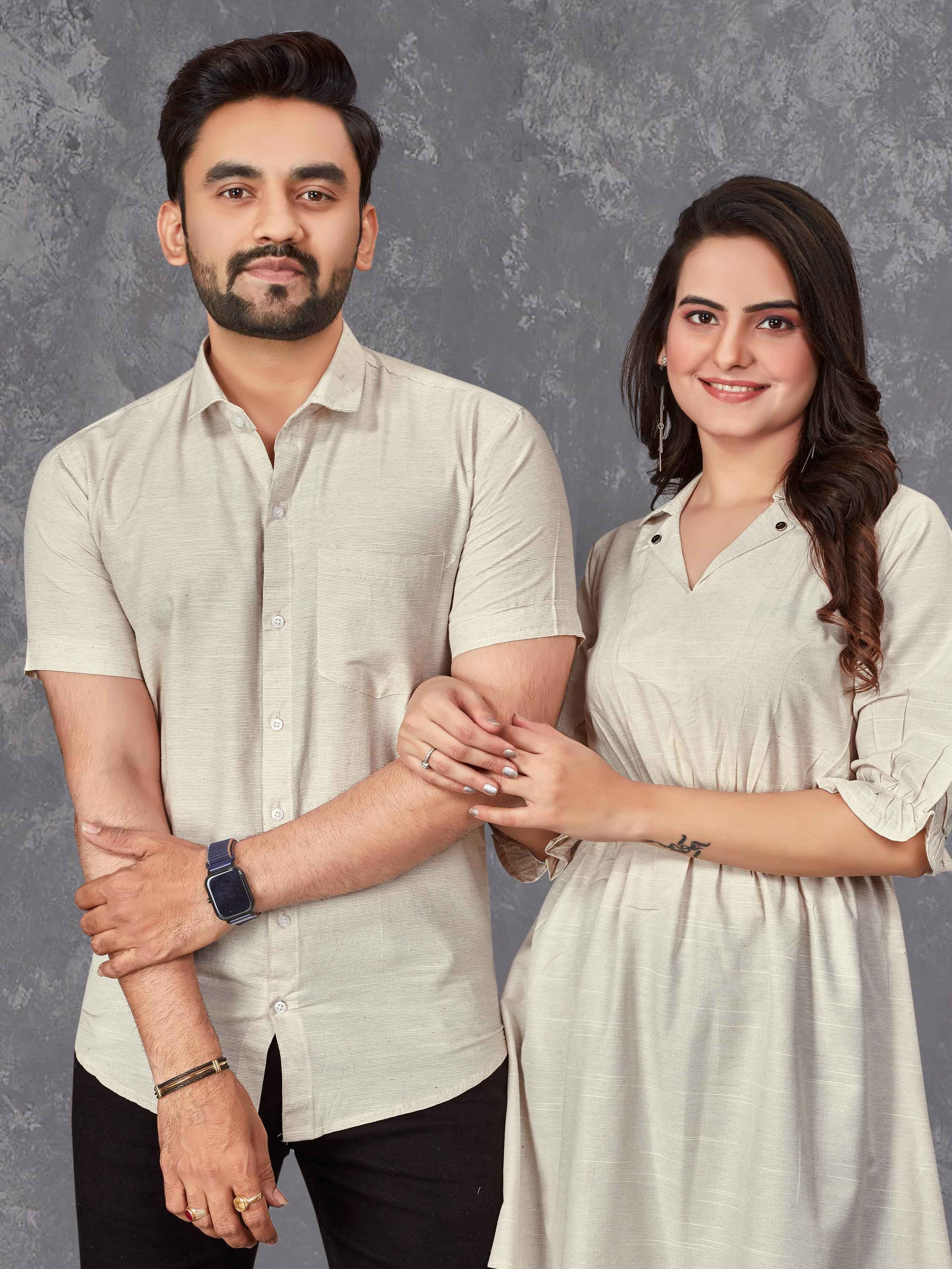 White Pure Soft Cotton Printed Shirt & Tunic Matching Both Couple Combo