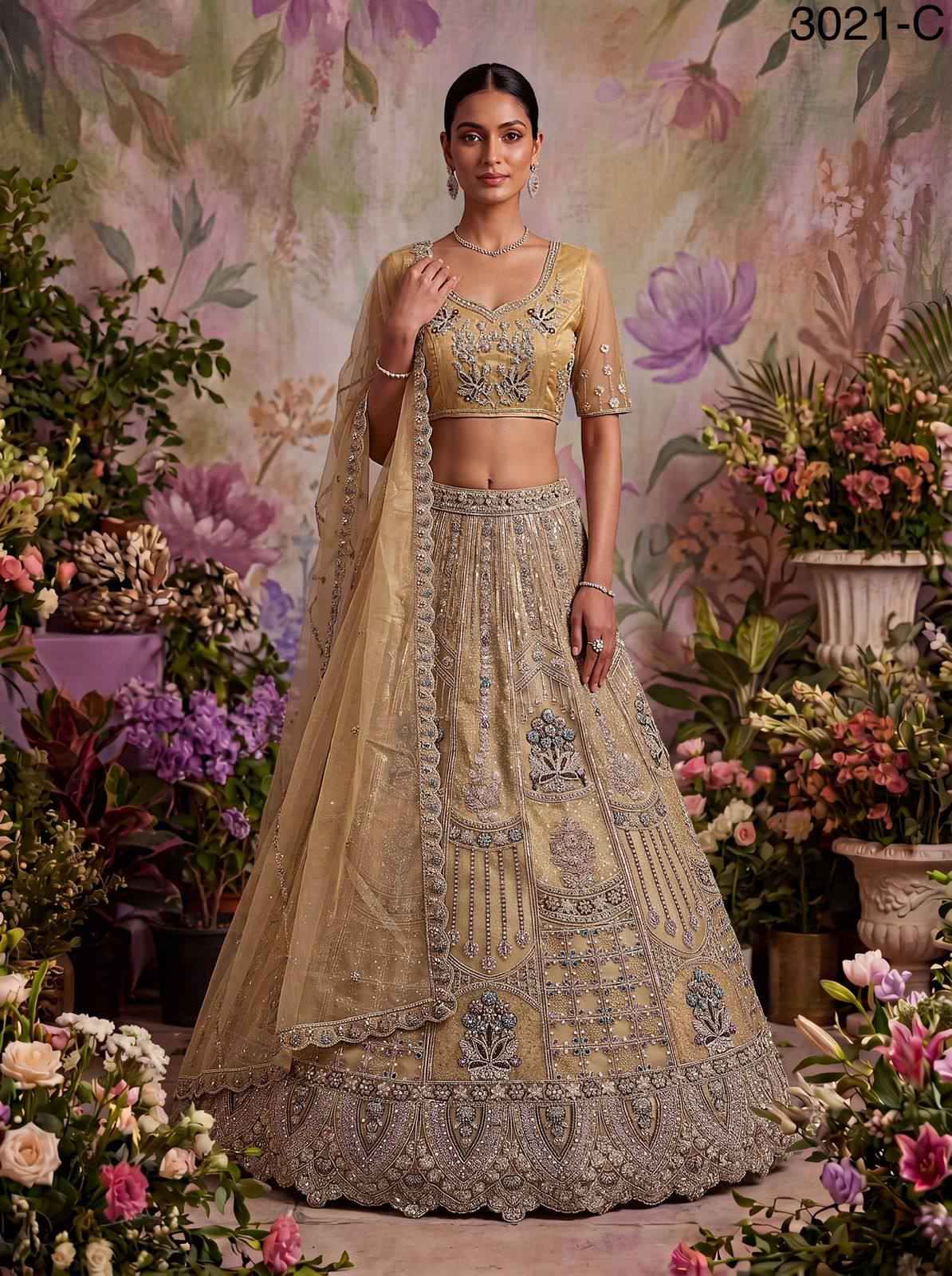 Golden Pure Soft Heavy Net Fancy Embroidery Work Bridal Lehenga Choli