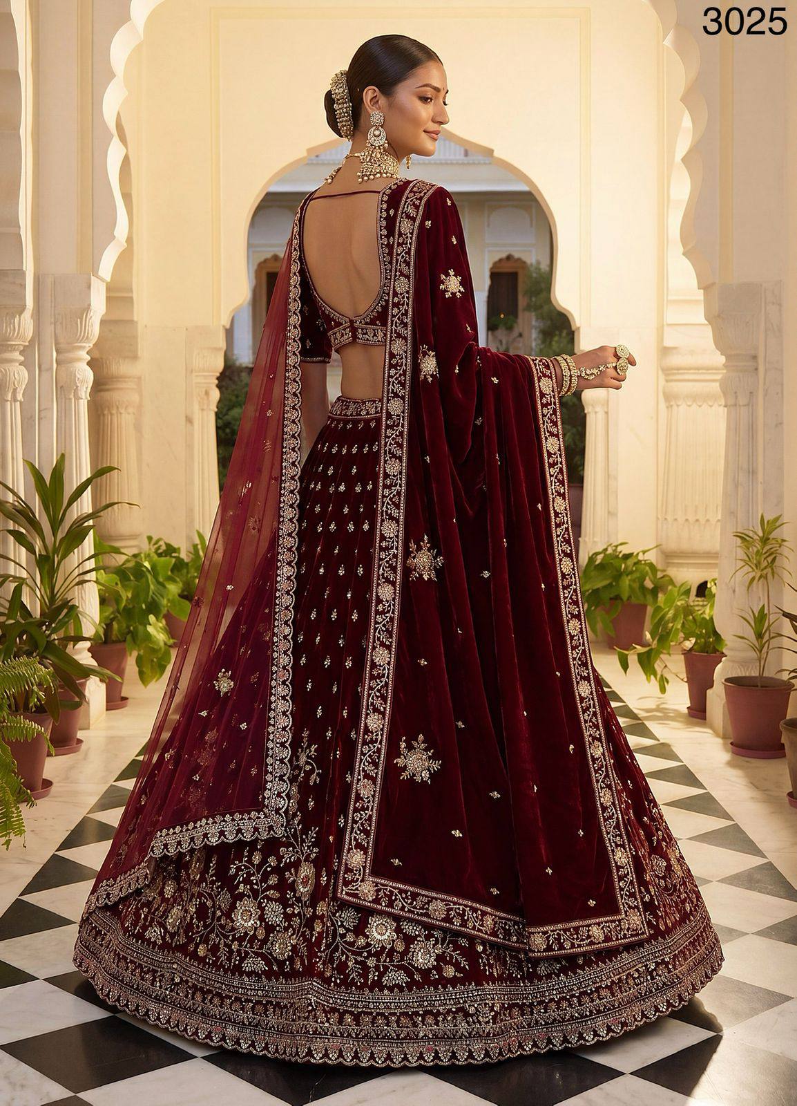 Red Pure Soft Velvet Heavy Embroidery Patch Work Bridal Lehenga