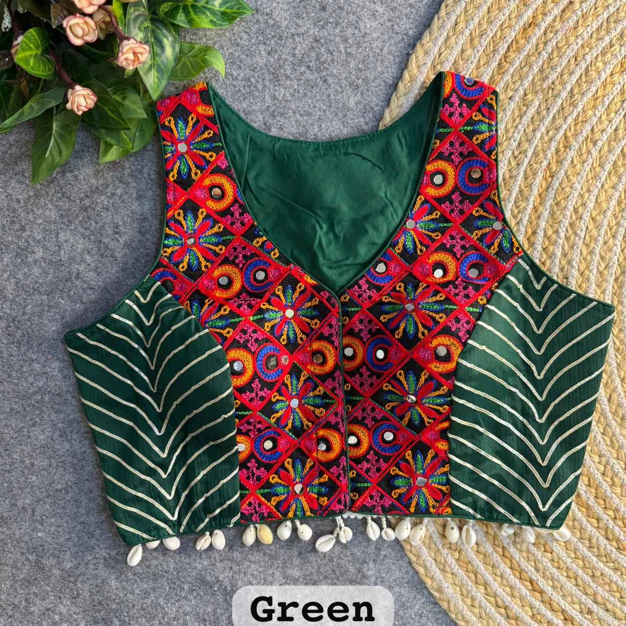 Green Pure Soft Heavy Silk Kutchi With Gotapatti Work Navratri Blouse