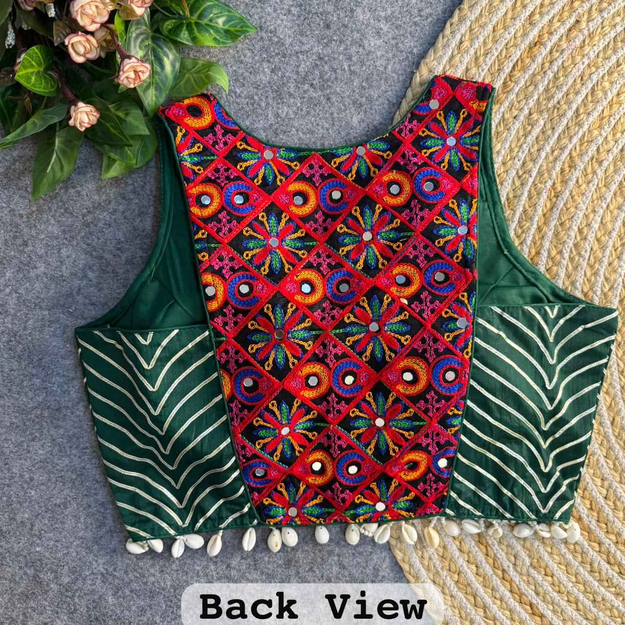 Green Pure Soft Heavy Silk Kutchi With Gotapatti Work Navratri Blouse