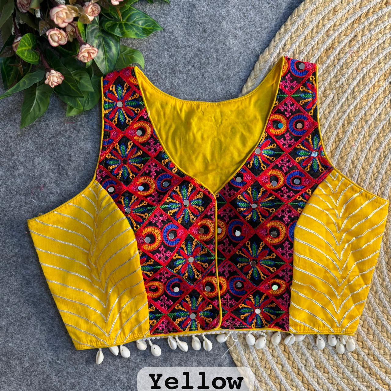 Yellow Blue Pure Soft Heavy Silk Kutchi With Gotapatti Work Navratri Blouse