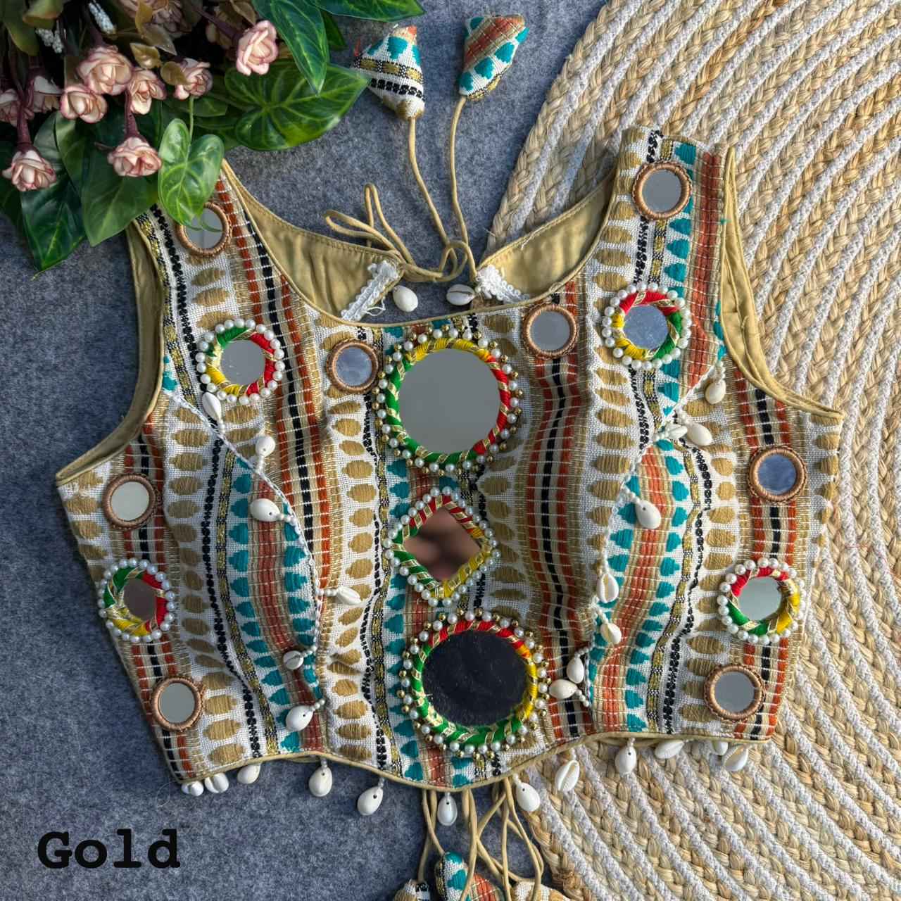 Gold Pure Soft Heavy Jhoot Mirror Kutchi Work Navratri Blouse