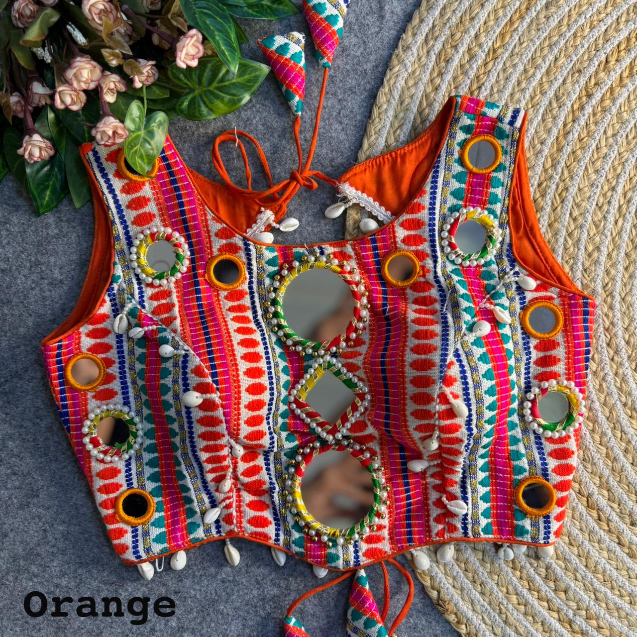Orange Pure Soft Heavy Jhoot Mirror Kutchi Work Navratri Blouse